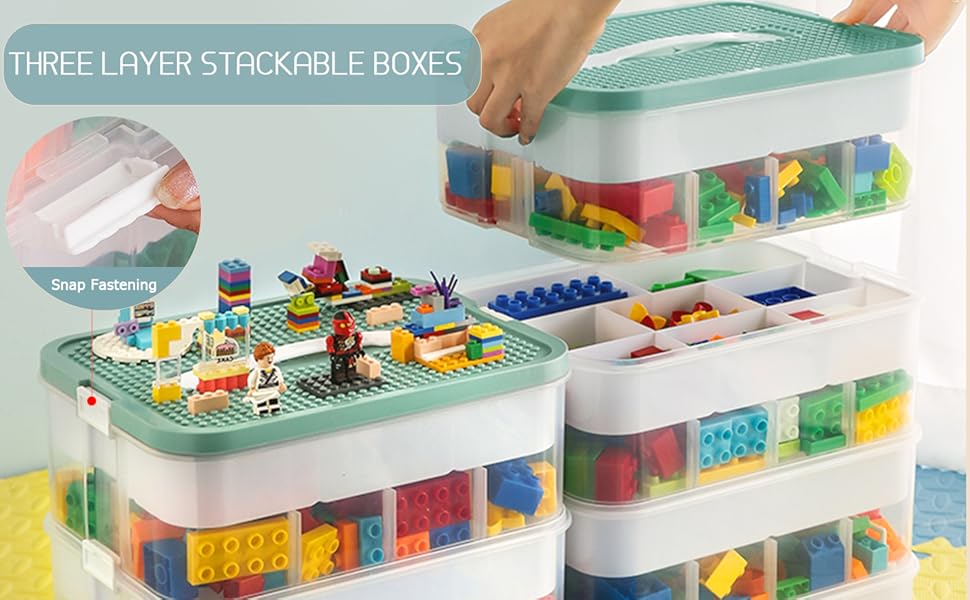 Plastic Storage Organizer for Lego Box Kids Child Toy Stackable Containers with Lids Bins 3 Layers Adjustable Compartments Building Blocks Chest Case