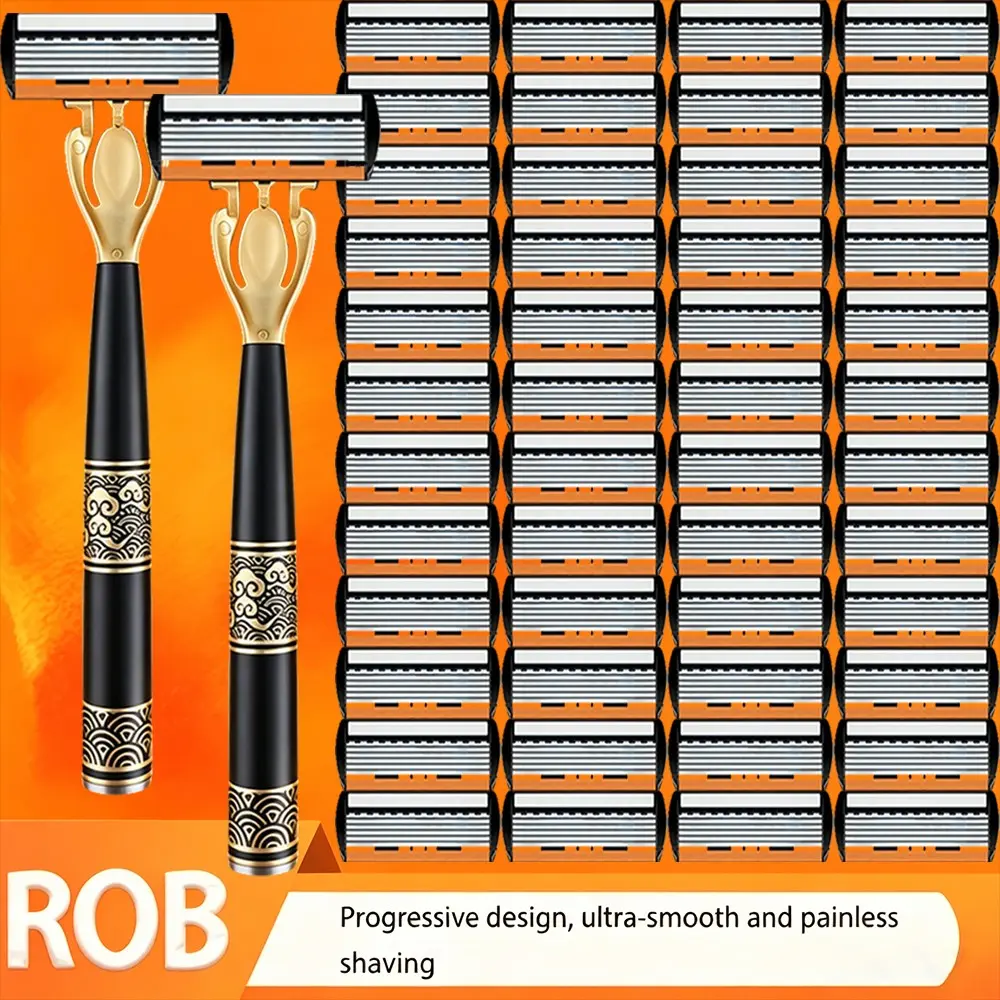 Men's Six-Layer Manual Razor Set, Handles, 48 Replacement Blades, Sharp Thin Blades, Smooth Shave, Durable, Gift-Ready