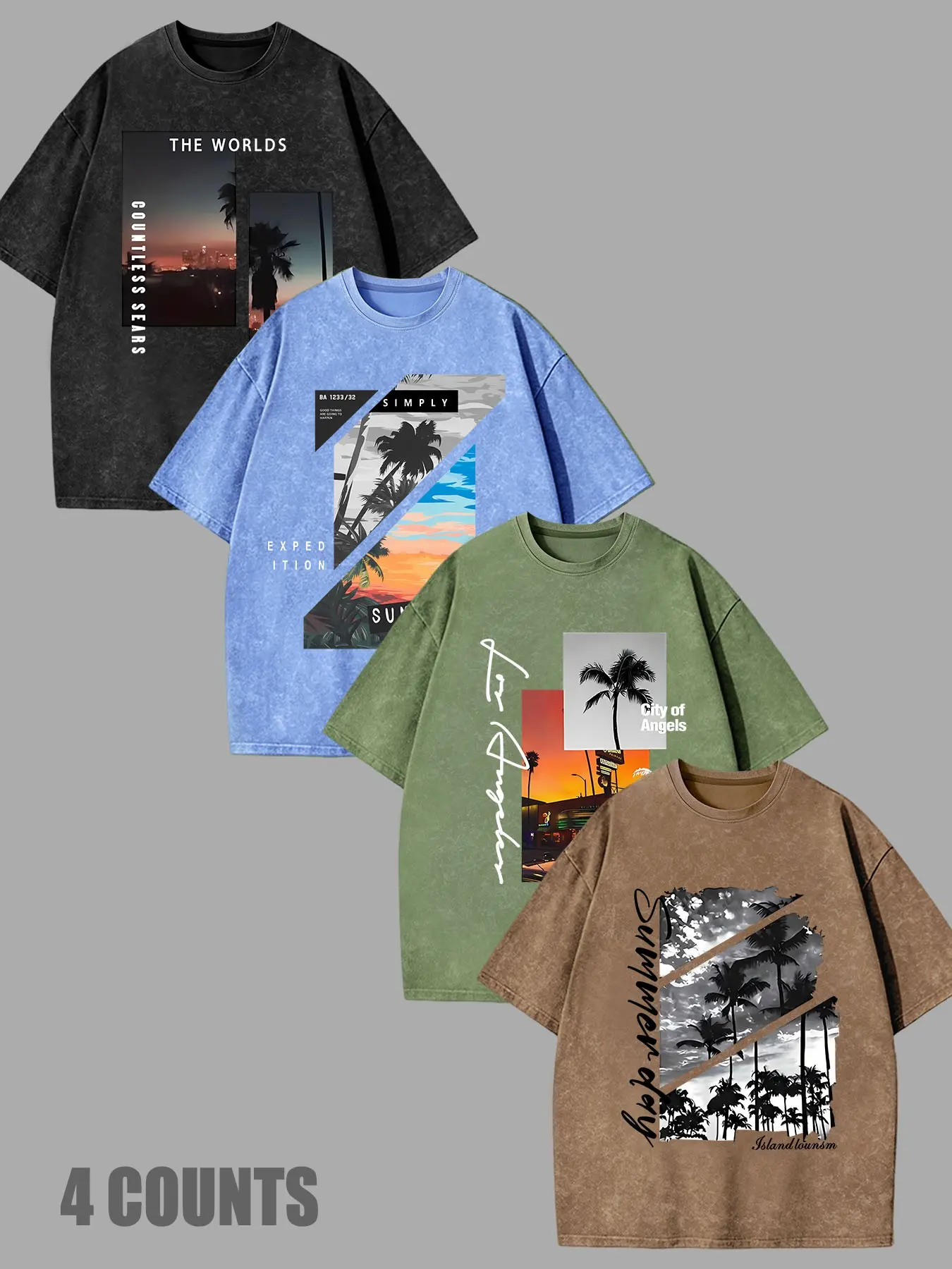 Men's Vintage Snow Wash Short Sleeve T-Shirt, Crew Neck Tee With Tropical Palm, Sunset City Landscape Back Print, Loose Fit 100% Cotton Streetwear Top, Y2K Summer Aesthetic Hip Hop Casual Garment, Ideal For Vacation, Daily Outfits & Gen Z Style