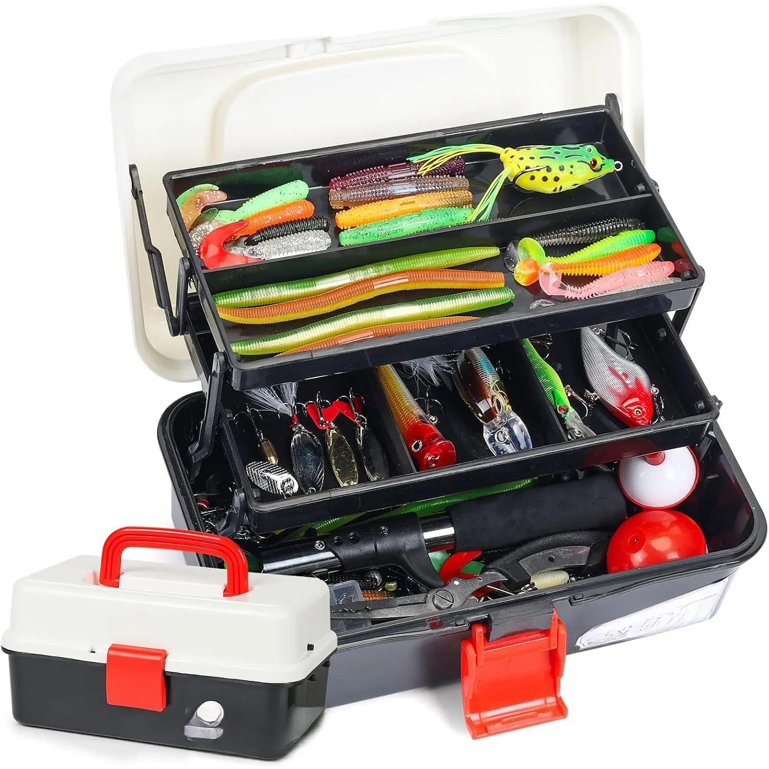 3 Layers Tackle Box with Tackle Included, 321Pcs Fishing Lures Kit Contains Pliers, Crankbait, Hooks, Weights & Accessories, Fishing Gear Bait Lure Gifts for Men Bass Freshwater (White Black)