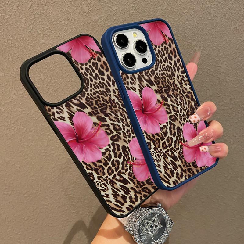 Multi-Functional Magnetic Case for iPhone11 12 13 14 15 16 Plus 17 promax Bold Leopard Print & Pink Hibiscus MagSafe Ready, Anti-Fall,Ultra-Thin Design Perfect for Everyday Use