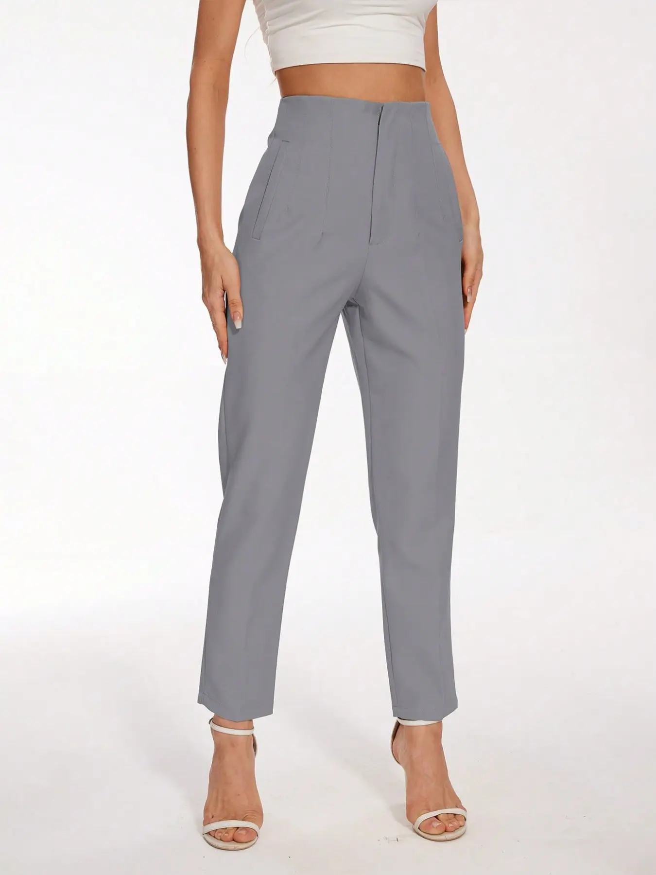 Women's High-Waisted Office Style Pants, Front Pleated Drop Waist Nine-Part Leggings, Hidden Pockets, Daily Commute Versatile Long Pants