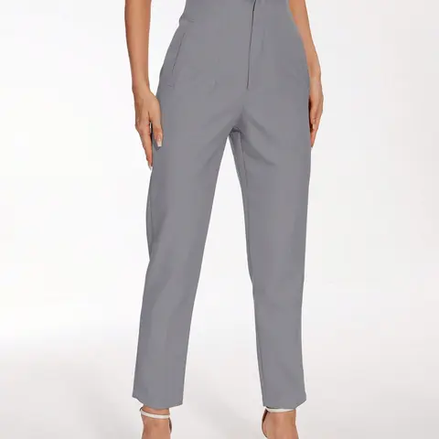 Women's High-Waisted Basic Office Style Pants, Front Pleated Drop Waist Nine-Part Leggings, Hidden Pockets, Daily Commute Versatile Long Pants