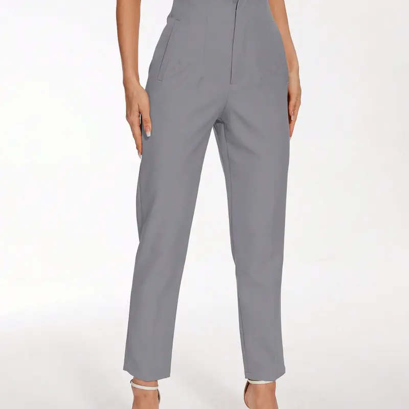 Women's High-Waisted Basic Office Style Pants, Front Pleated Drop Waist Nine-Part Leggings, Hidden Pockets, Daily Commute Versatile Long Pants