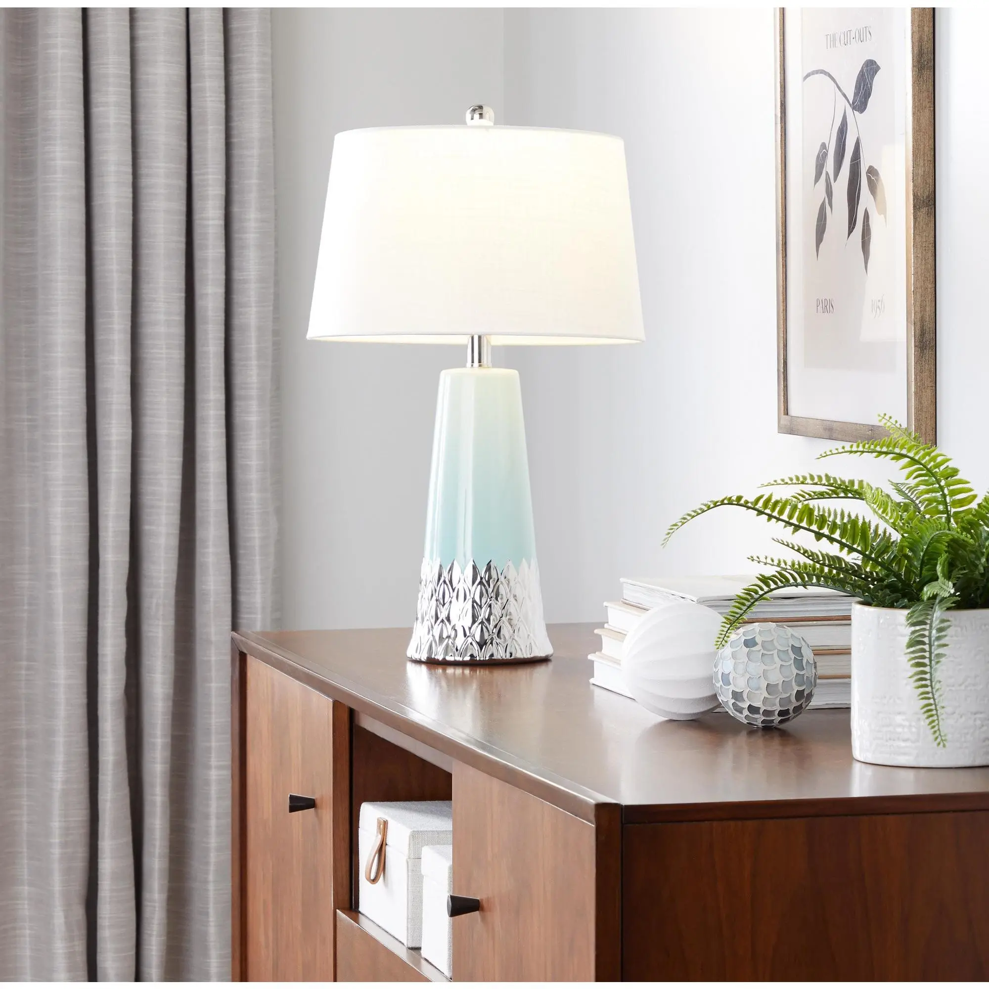 Nokaa Penelope 22" Contemporary Ceramic Table Lamp Tiffany Blue Silver Body White Shade for Living Room Bedroom Office Nightstand End Table Decor Accent Lighting