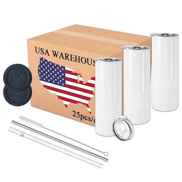 USA Warehouse 20oz Stainless Steel Skinny Sublimation Tumblers Blanks Double Wall Mugs With Straw and Rubber Bottom Drinkware Flasks