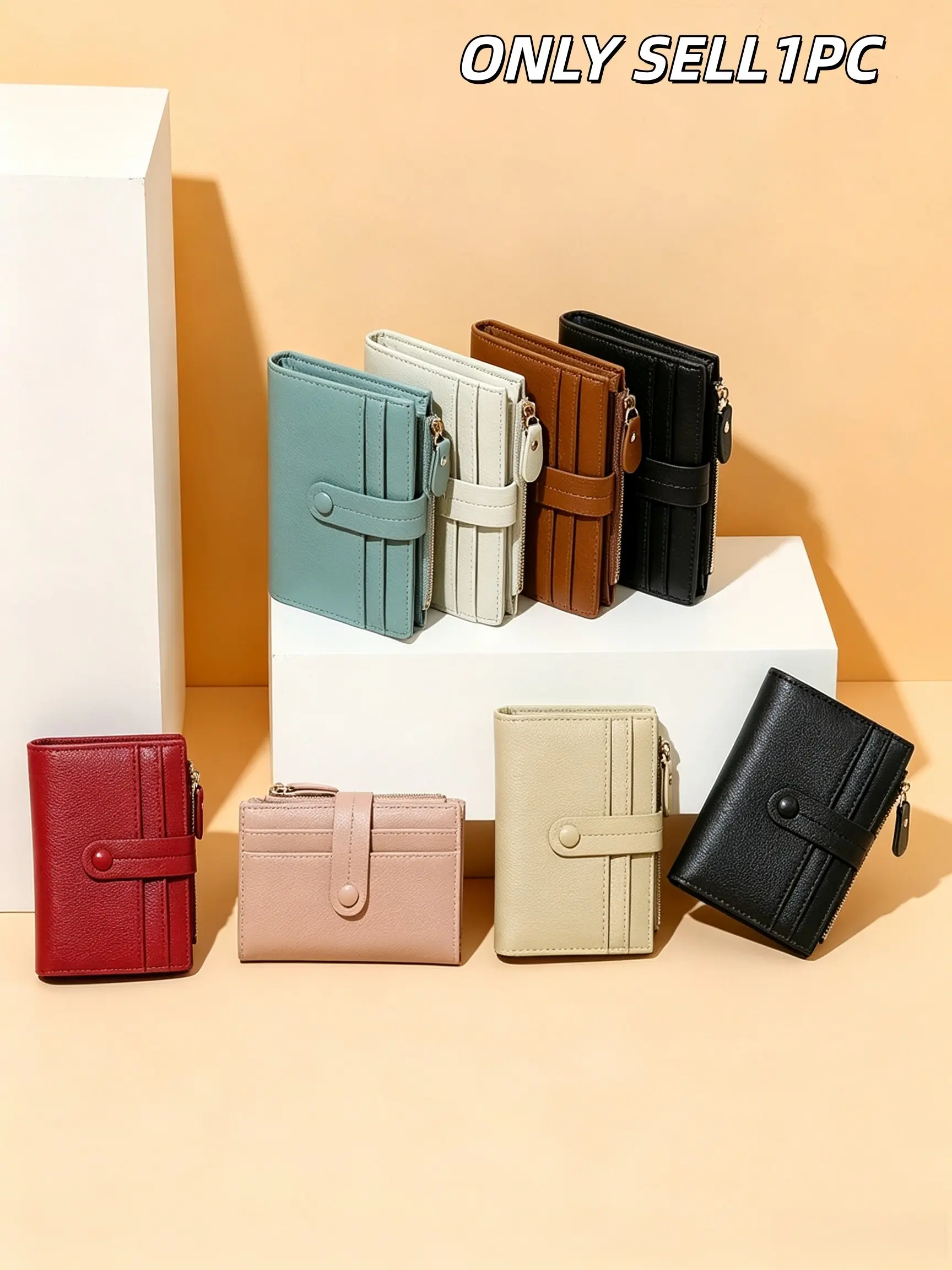 1PC Minimalist Grain PU Short Wallet for Women, Snap Button Bifold Foldable Purse with Multiple Card Slots and Zipper Coin Pocket, Portable for Commute, Minimalist Wallets