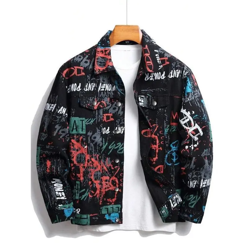 Loose Fit Men's Denim Jacket With Letter Print , Dark Cotton Graffiti Colorful Jacket, Party Rapper