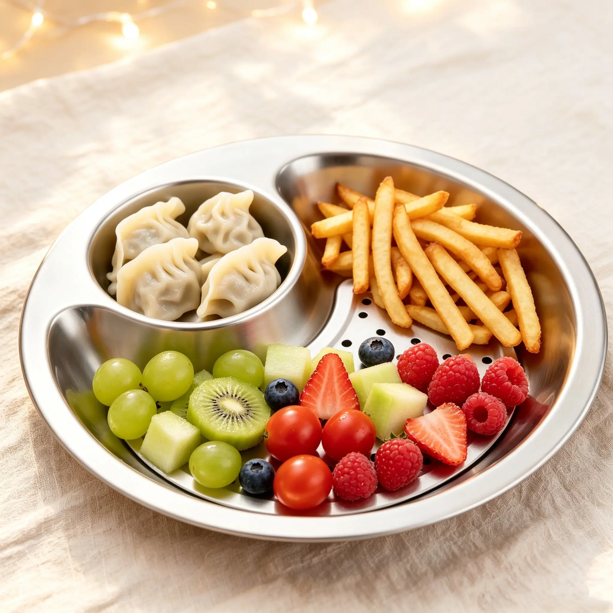 Stainless Steel Dumpling Plate, Household Dinner Plate, Round Tray, Creative Multi-Use Drainage Meal Plate, Fruit Plate