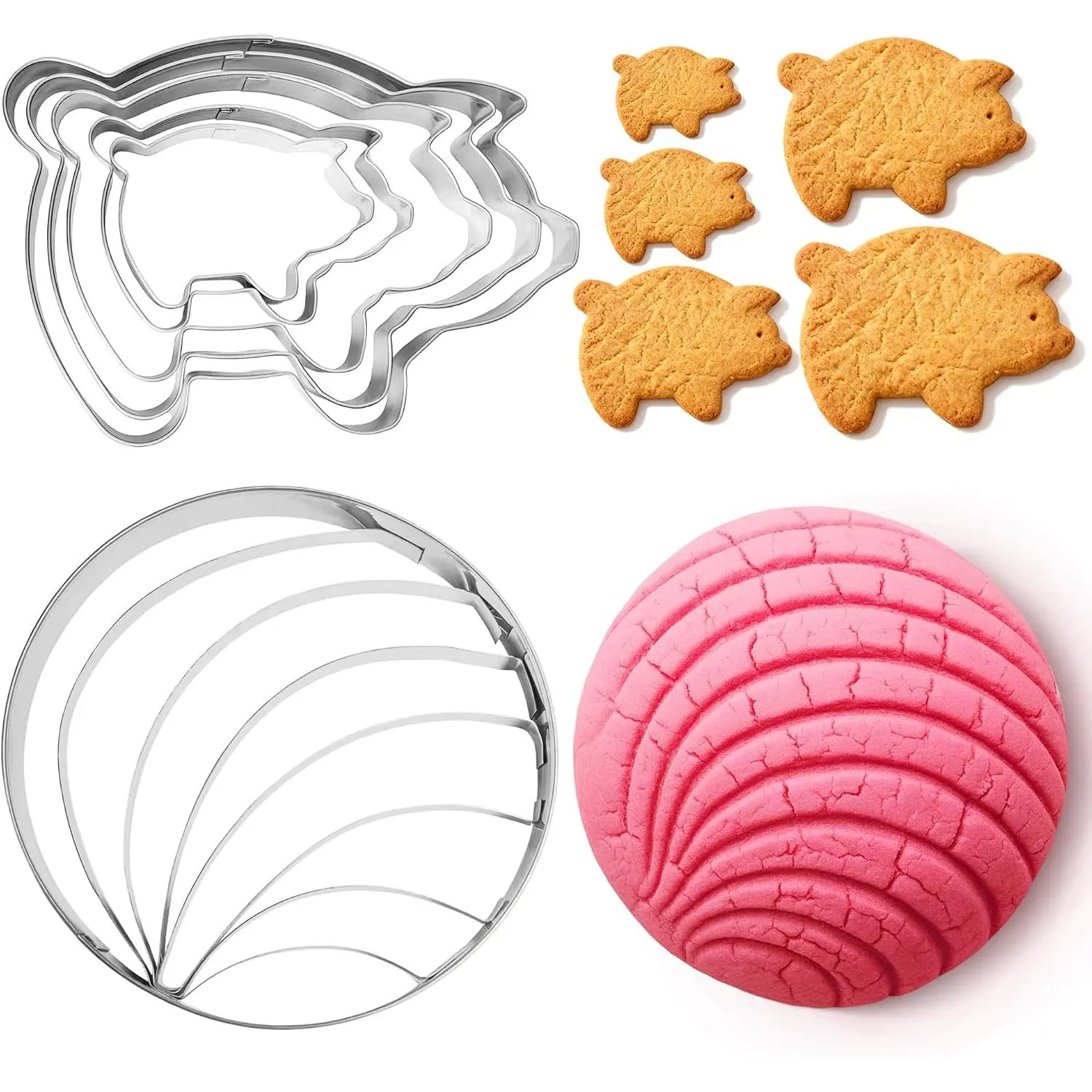 Mexican Concha Bread  and 5 count Marranito Pig Cookie Cutters Set – Traditional Pan Dulce Baking Molds for Conchas & Mexican Gingerbread Pigs –  for Día de los Muertos and Baking