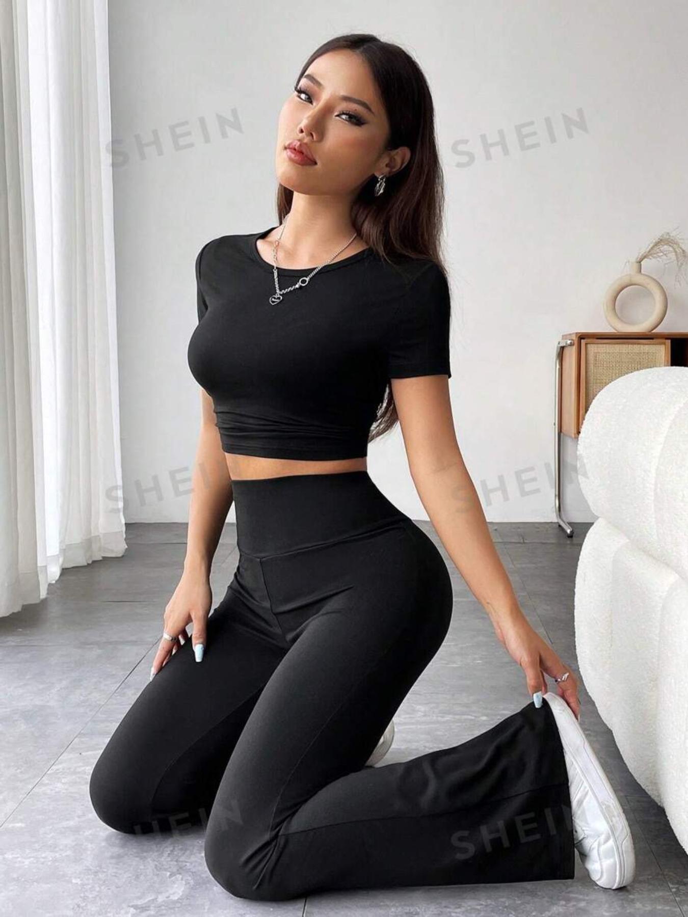 Women's Solid Top & High Waist Flare Leg Pants Set, Casual Chic Fashion Cozy Round Neck Tee & Bell Bottom Trousers for Daily Outdoor Wear, Ladies Clothes for All Seasons
