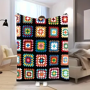 Granny Square Flannel Blanket, Vintage Crochet Pattern Soft Throw, Cozy Warm Farmhouse Gift for Her Women Mom, Boho Home Decor for Couch Sofa Bed, AC Room Summer Blanket, Birthday Christmas Housewarming Gift, Retro Floral Patchwork Throw