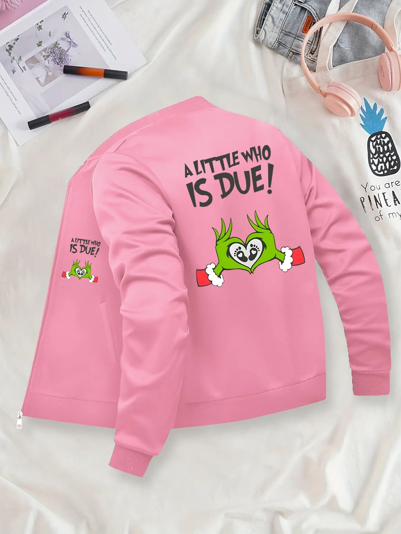 Grinch Themed Maternity Wear - Cute Cartoon Printed Bomber Jacket, Zip-Up, Stand Collar, Polyester Knit Fabric, Fitted Design, Pocket Detail, Suitable for Autumn & Winter.