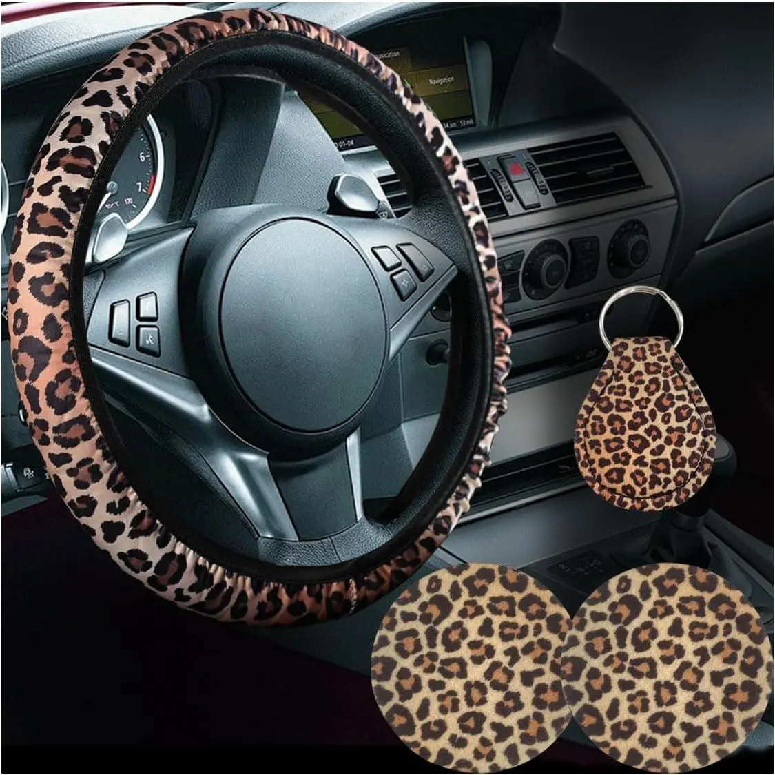 Cute Polyester 4-Piece Leopard Print Car Interior Accessories Set - Fits 14-15" Steering Wheel Cover, Quarter Keyring, 2 Cup Holder Coasters - Grip Control Decoration for Cars