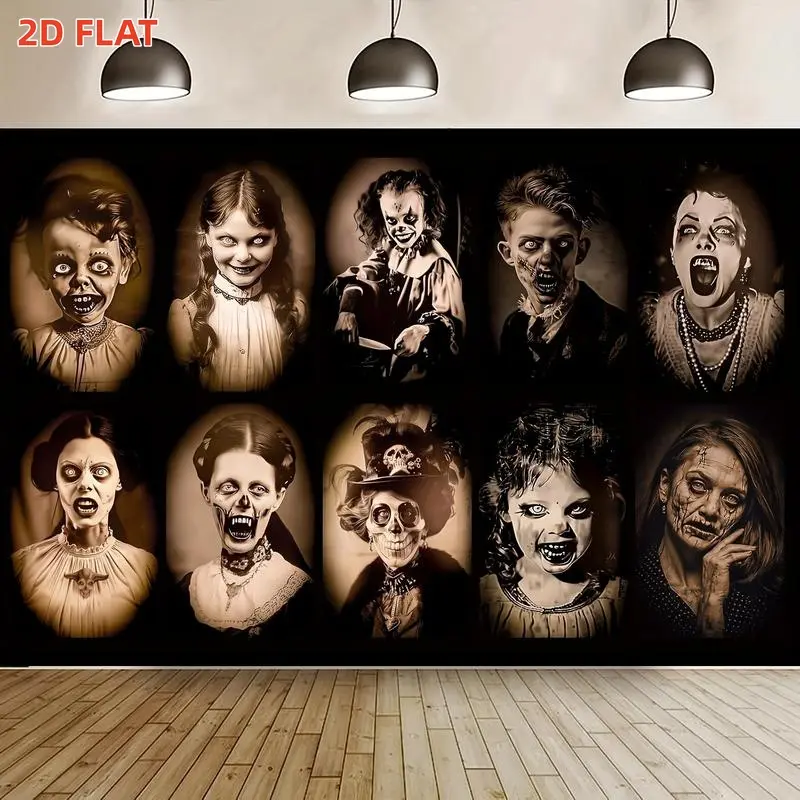 2D Flat, 1pc banner Halloween Changing Face Gothic Mansion Portrait Backdrop Banner