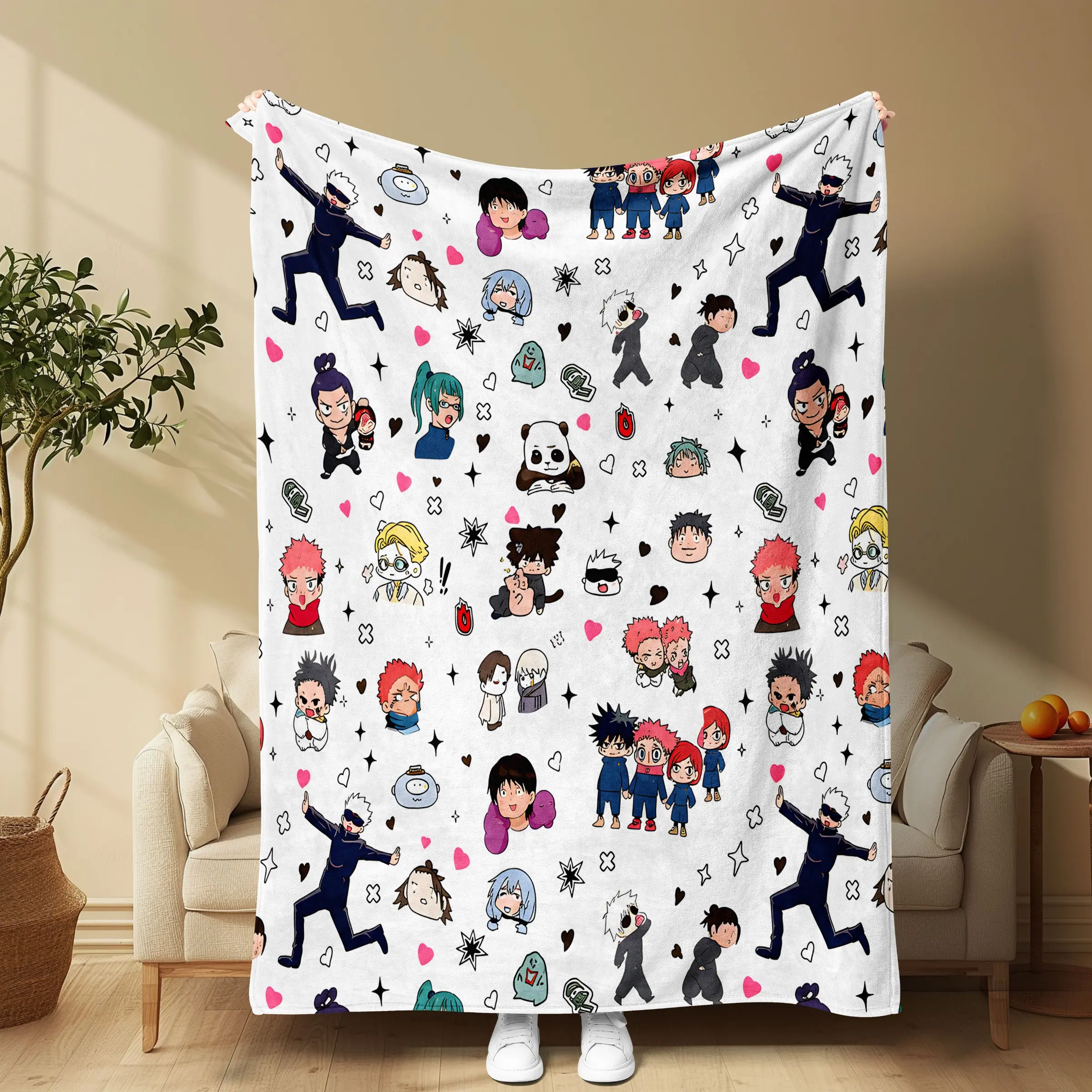 Jujutsu Kaisen Q Version Limited Edition Flannel Blanket, Cute Characters, Soft Flannel, Perfect for Sofa, Office, Photography