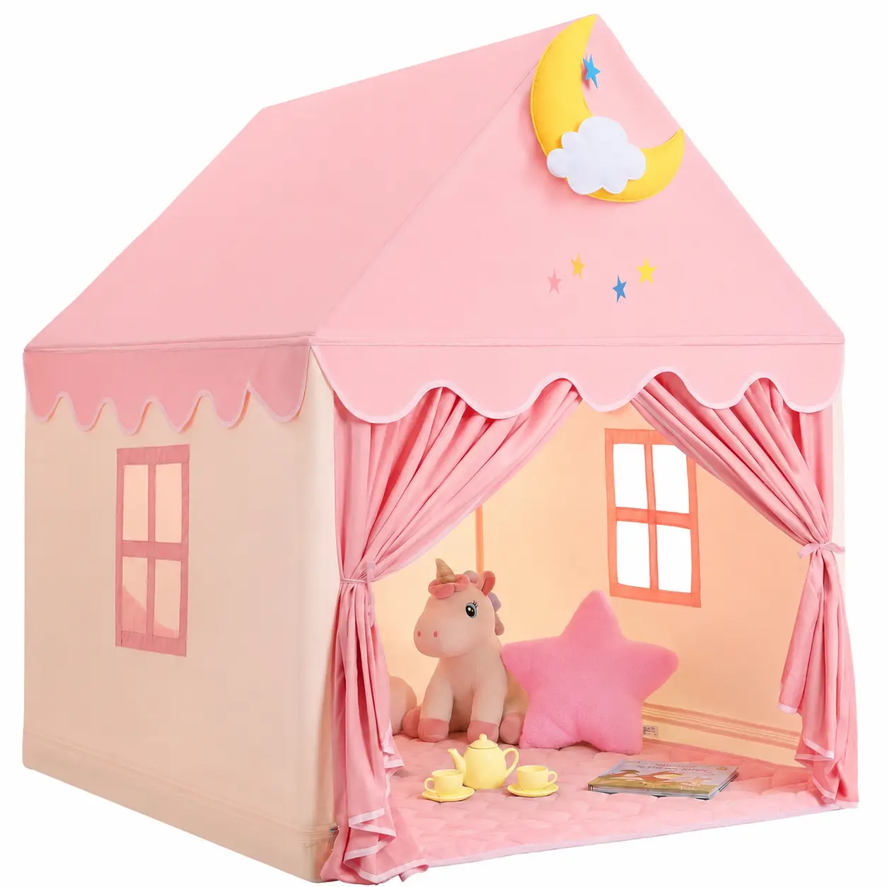 Children's Indoor Playhouse, Pink Children's Indoor Play Tent - Princess Tent Playhouse, Birthday Gift for Girls, Children's Play Tent (with Door Curtain)
