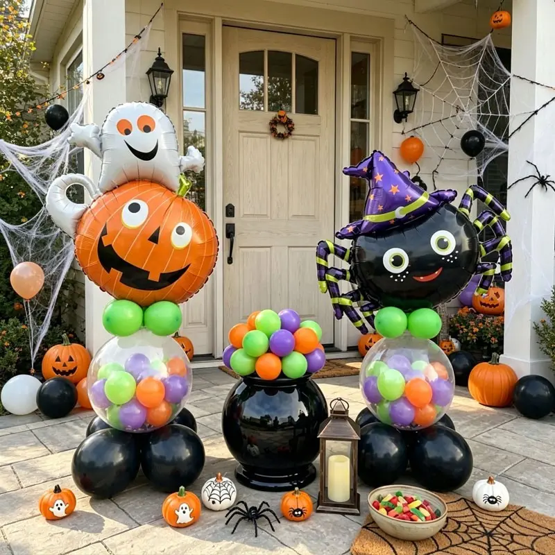 A set Halloween Classic Balloon Column Set, Includes Ghost, Pumpkin, Witch Hat Spider Foil Balloons, Colorful Latex Balloons,Perfect for Halloween porch and yard decorations,Halloween-themed party,Trick or treat，Community Halloween Decorations