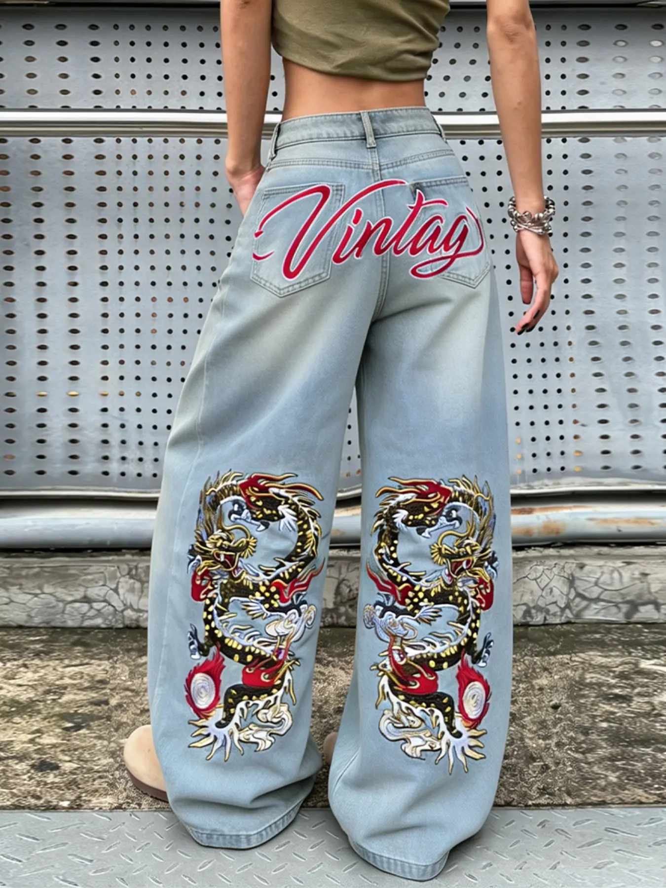 Vintage Colorful Dragon Embroidered Women's Jeans, High Waist Loose Fit Wide Leg Casual Pants, Trendy Long Pants Without Belt or Charms
