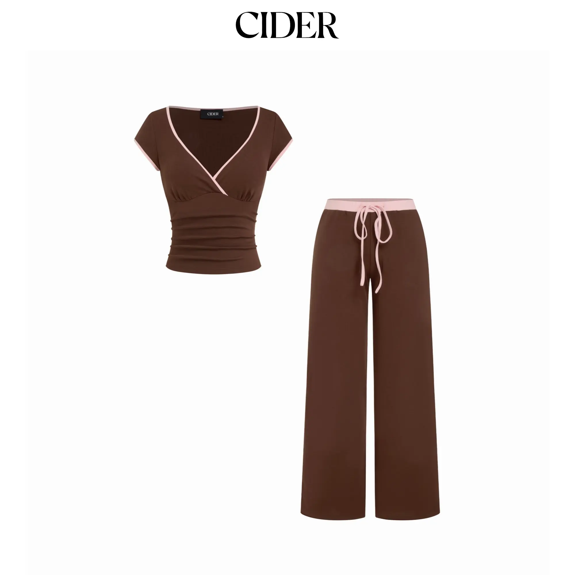 Cider Cotton-blend V-neck Two Tone Top & Mid Rise Drawstring Straight Leg Trousers Set
