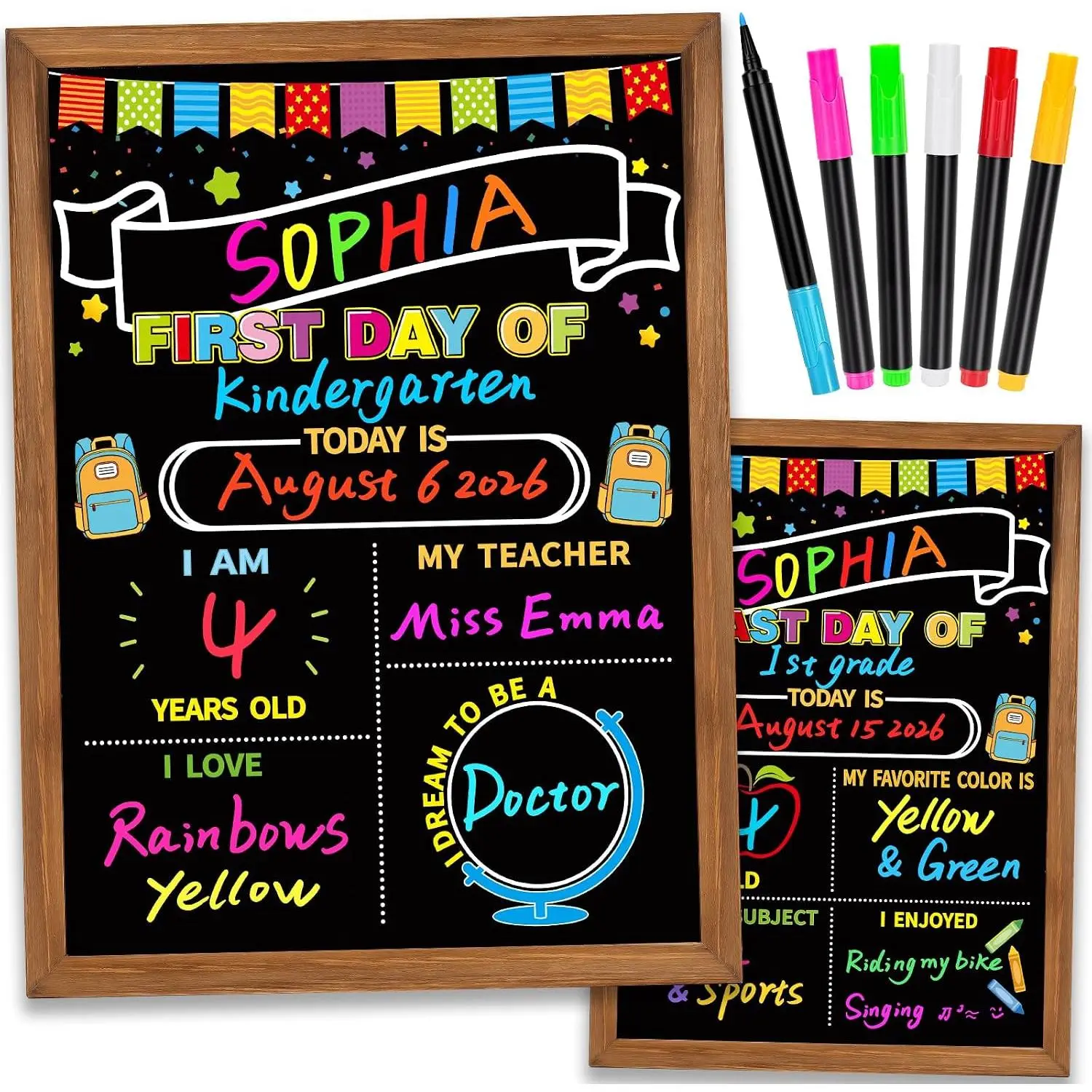 Double-Sided School Chalkboard Sign Board (14"x10.5") with 6 Liquid Chalk Markers, for My First & Last Day School Supplies & Photo Display
