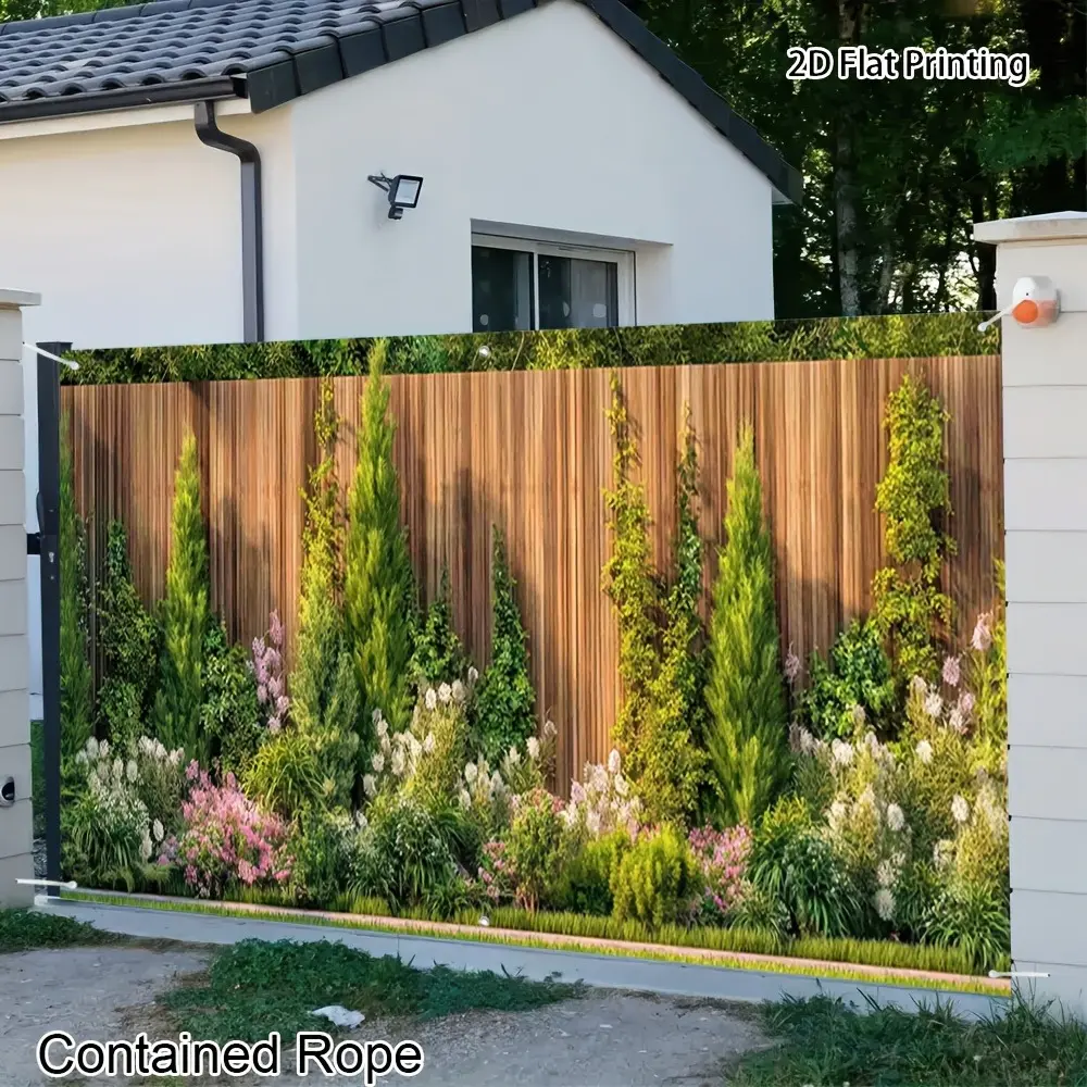2D Flat Garden Fence Garage Banner | Single-Sided Polyester | Metal Grommets for Easy Hanging | Green Plants, Wooden Fence & Backyard Garden Theme, Outdoor Garage Door Decor, Patio, Poolside, Festival Party & Photo Backdrop