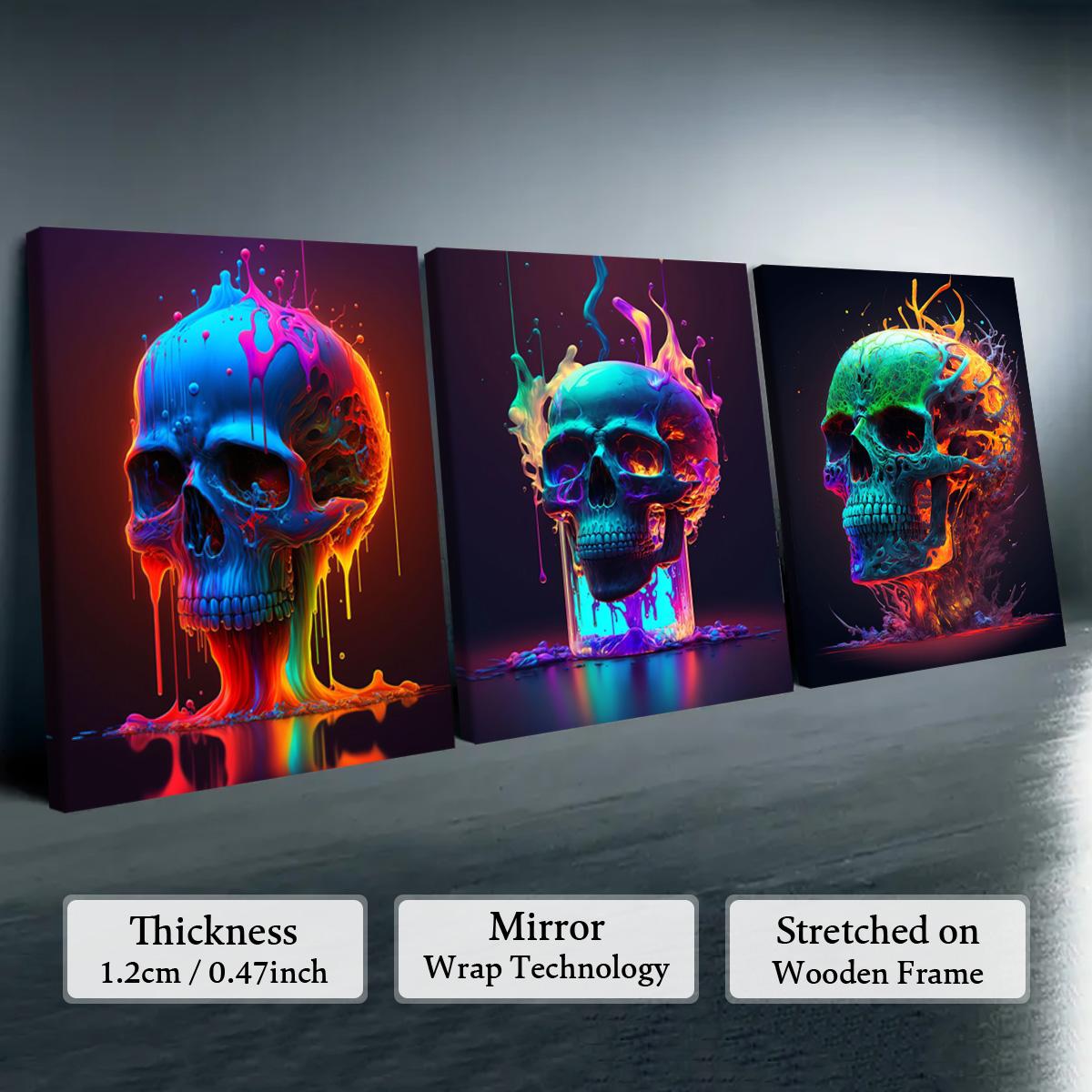 Skull Pattern Canvas Painting, 3 Counts/set Creative Wall Art Poster, Wooden Wall Art, Wall Art Decor for Home Living Room Bedroom Office