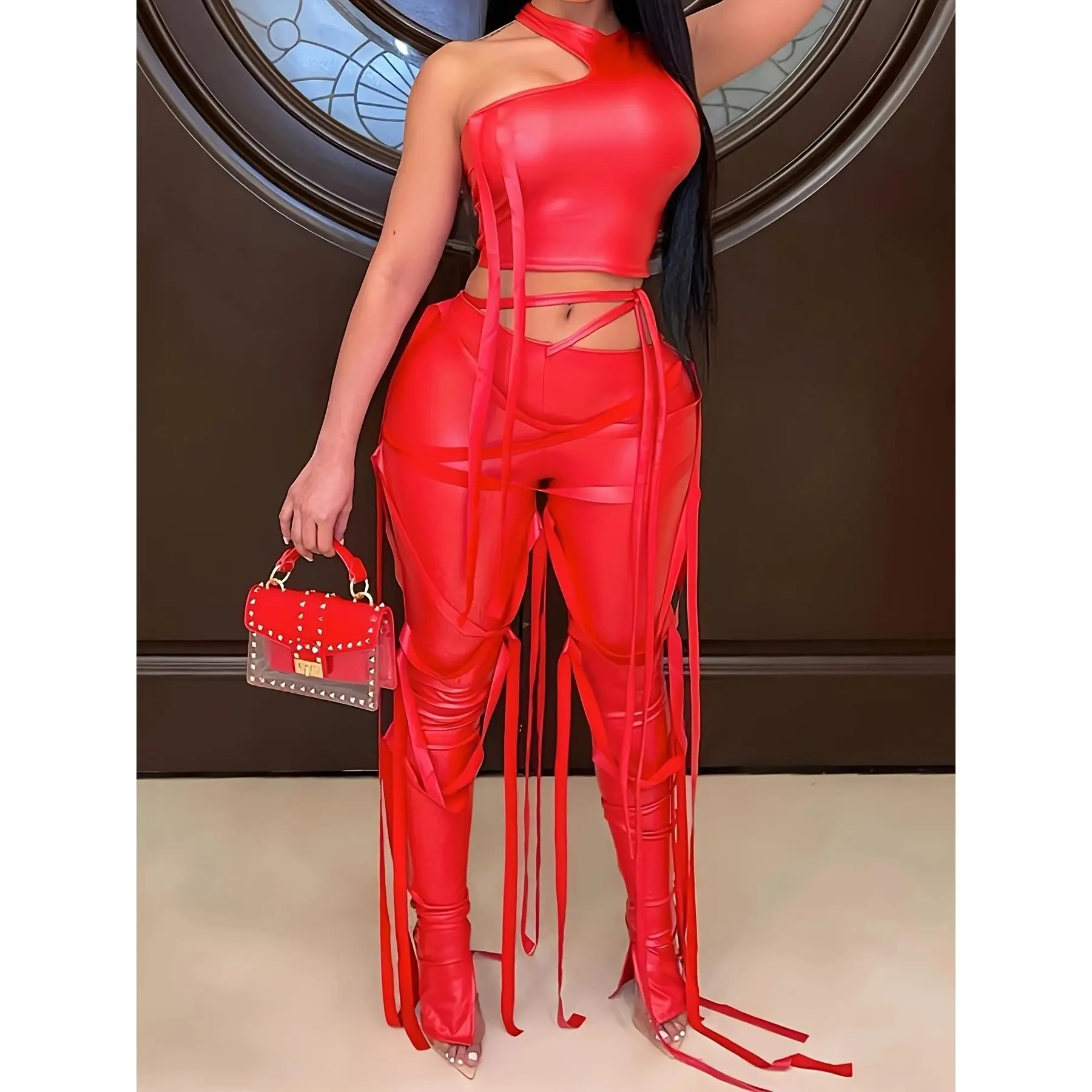 European and American Women's sexy two-piece vest strap suit imitation pants sexy personality nightclub party dress summer