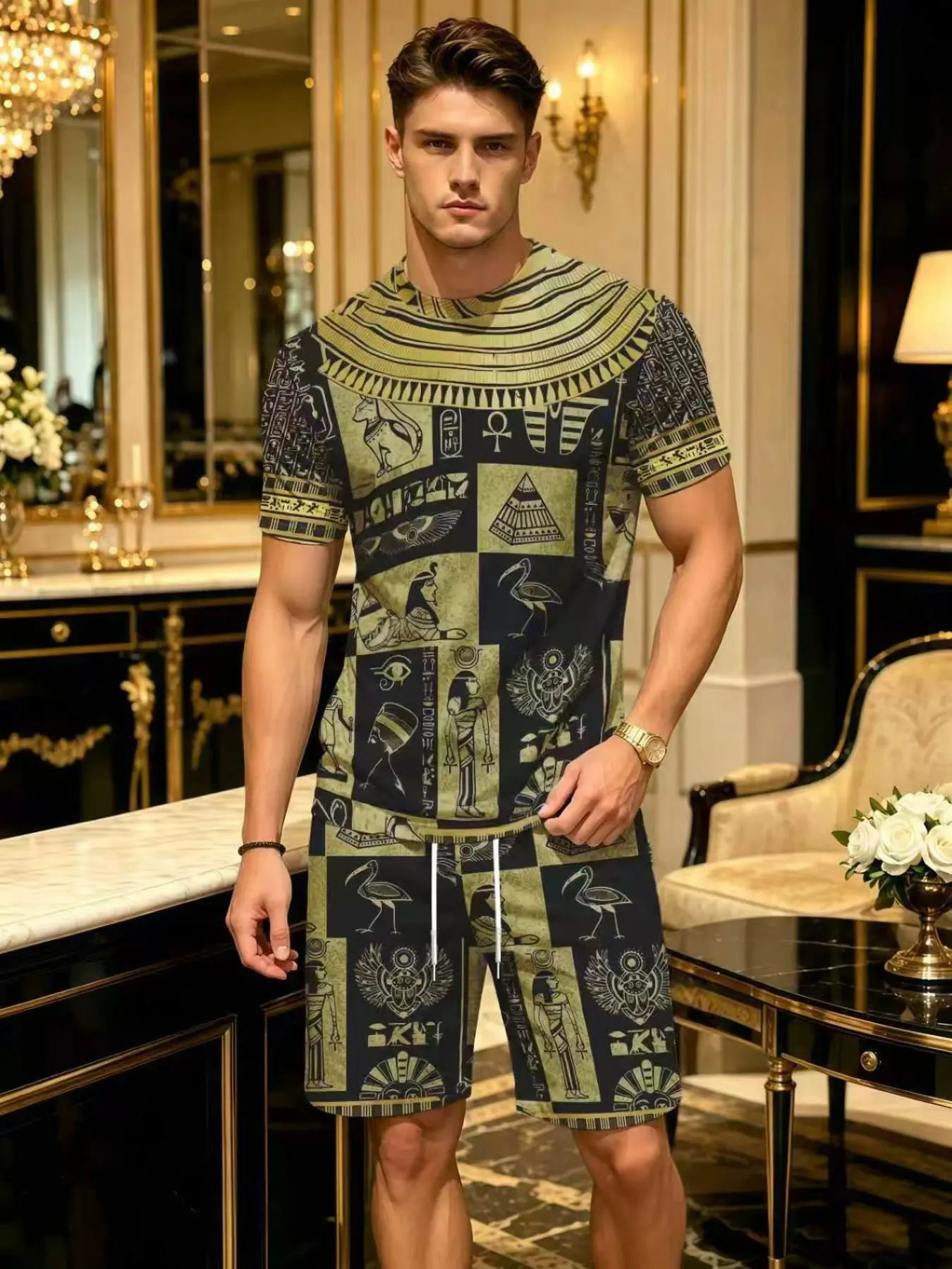 Men's Egyptian Hieroglyphic Pattern 3D Digital Print Set, Casual Loose-Fit Short Sleeve T-Shirt and Shorts, High-End Trendy
