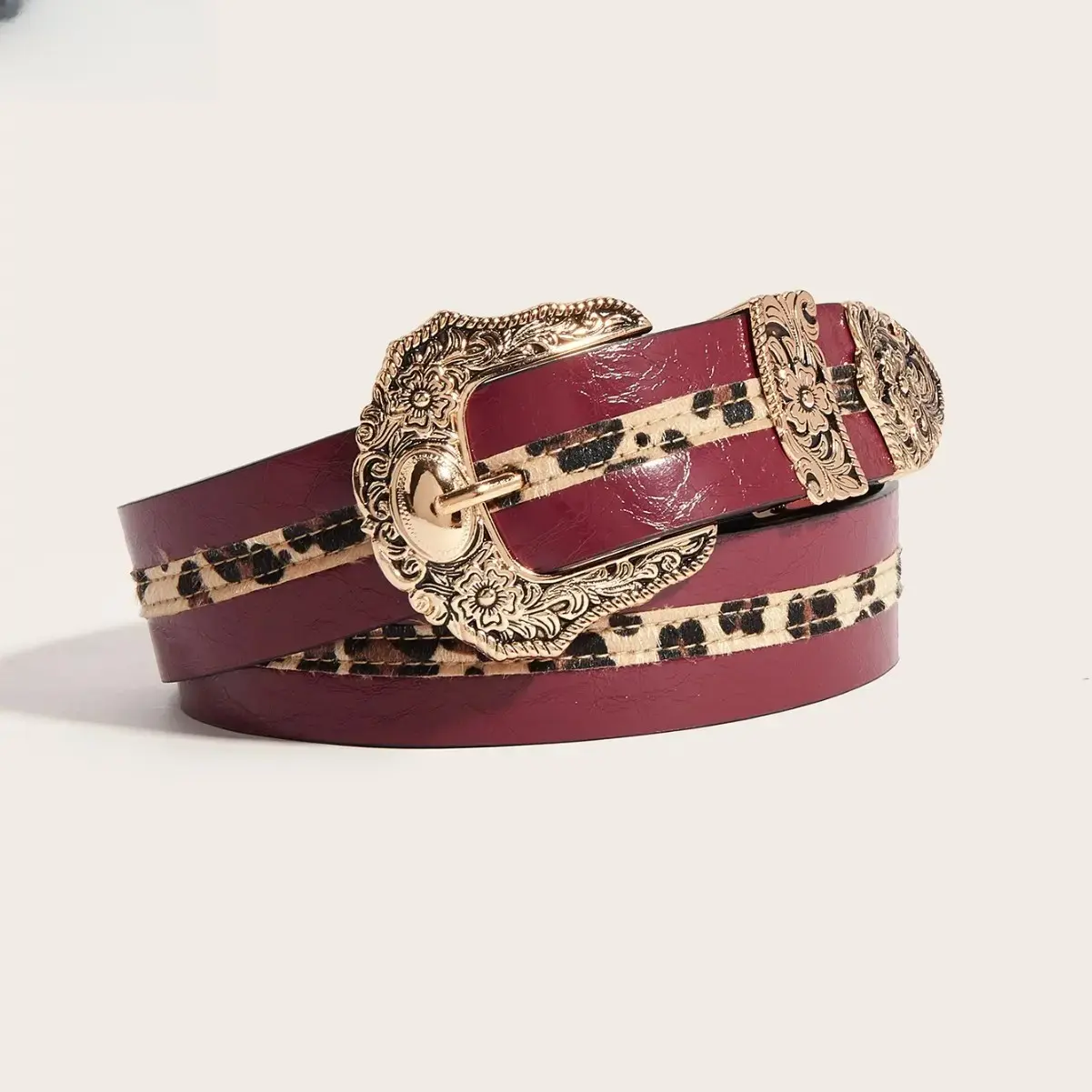 Western Red Belt - Leopard Print Leather Buckle Belt for Women, Ornate Gold Floral Hardware, Trendy Y2K Boho Casual & Festival Fashion AccessoryLumina