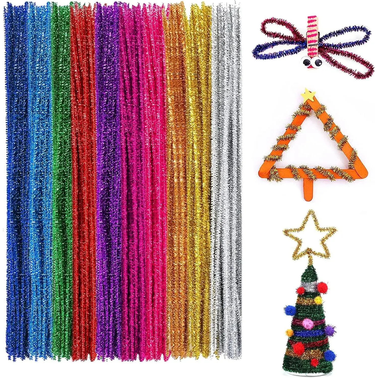 100 Pcs 10 Colors Pipe Cleaners Chenille Stems, 6mm x 12 Inch Bling-Bling Colors for DIY Crafts Decorations Creative School Projects