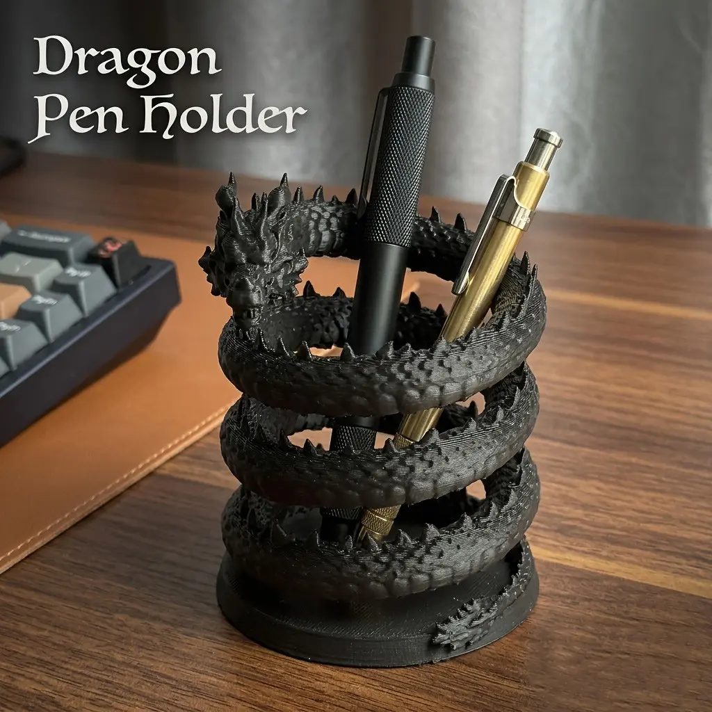 Creative 3D Printed Dragon Figurine Black Spiral Dragon Pen Holder Realistic Dragon Scale Desk Storage Rack Gaming Room Makeup Brush Organizer Bookshelf Decor Unique Back-to-School Gift for Teens
