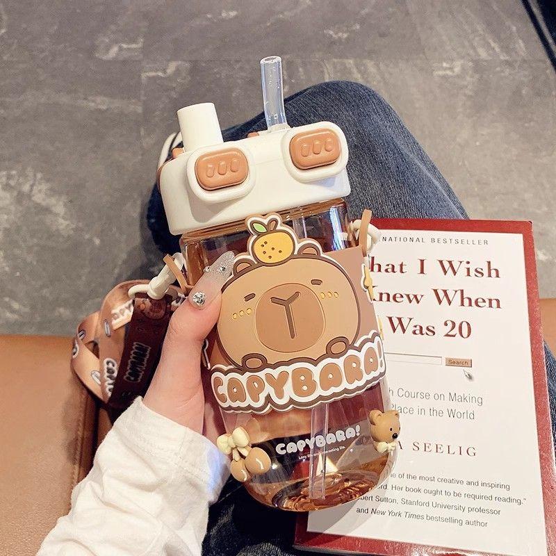Cartoon Kawaii Kids Capybara Water Bottle With Straps and Straws One Cup for School and Festivals for Children Back To School