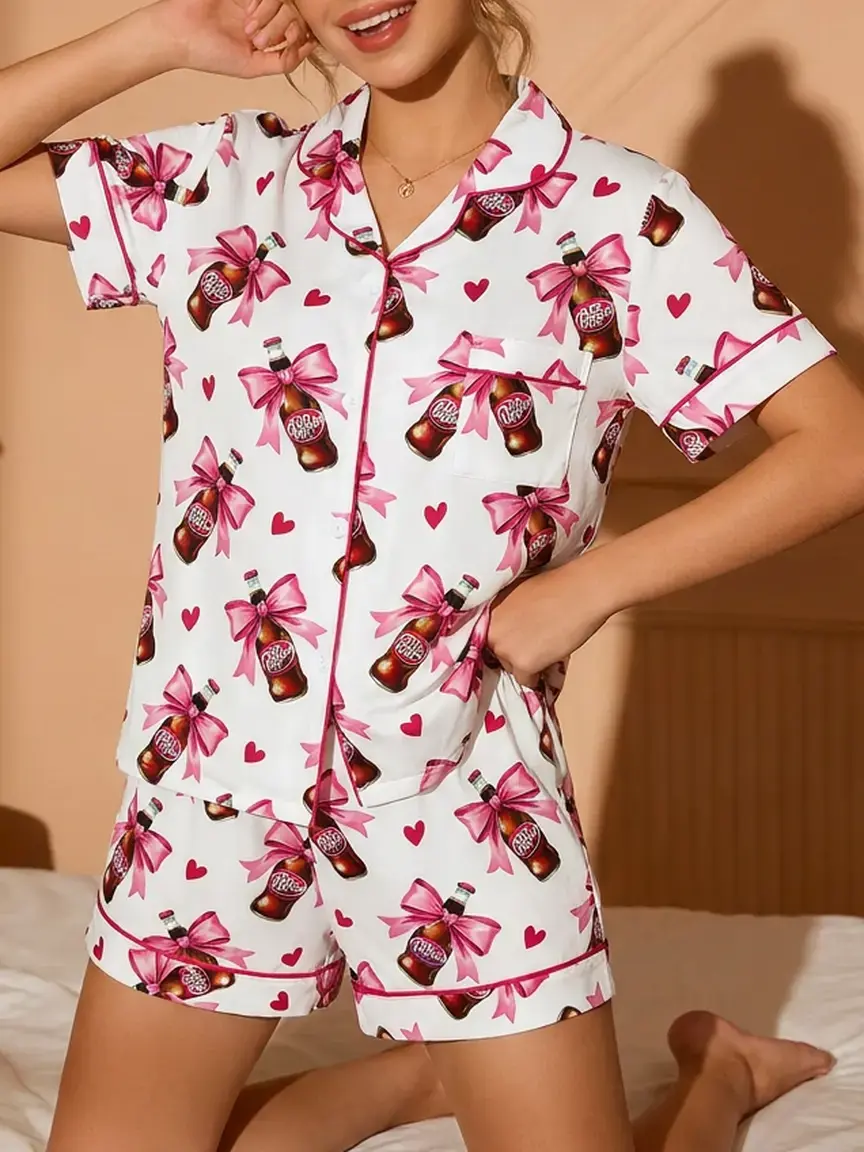 Teen Dr Pepper Collar Short Sleeve Pajama Set, Comfortable Sleepwear, Loungewear, All-Season Loose Fit, Animal Pattern, Perfect Gift