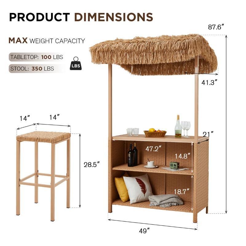 Outdoor Tiki Bar Set, Wicker Patio Bar w/2 Stools, Storage Shelf for Backyard Poolside Garden, Beige