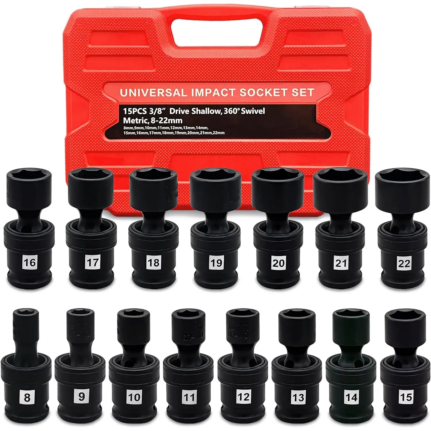 Swivel  Socket Set,  Cr-Mo Steel | 15- Metric 8mm - 22mm Set | 6 Point | 3/8-Inch Drive