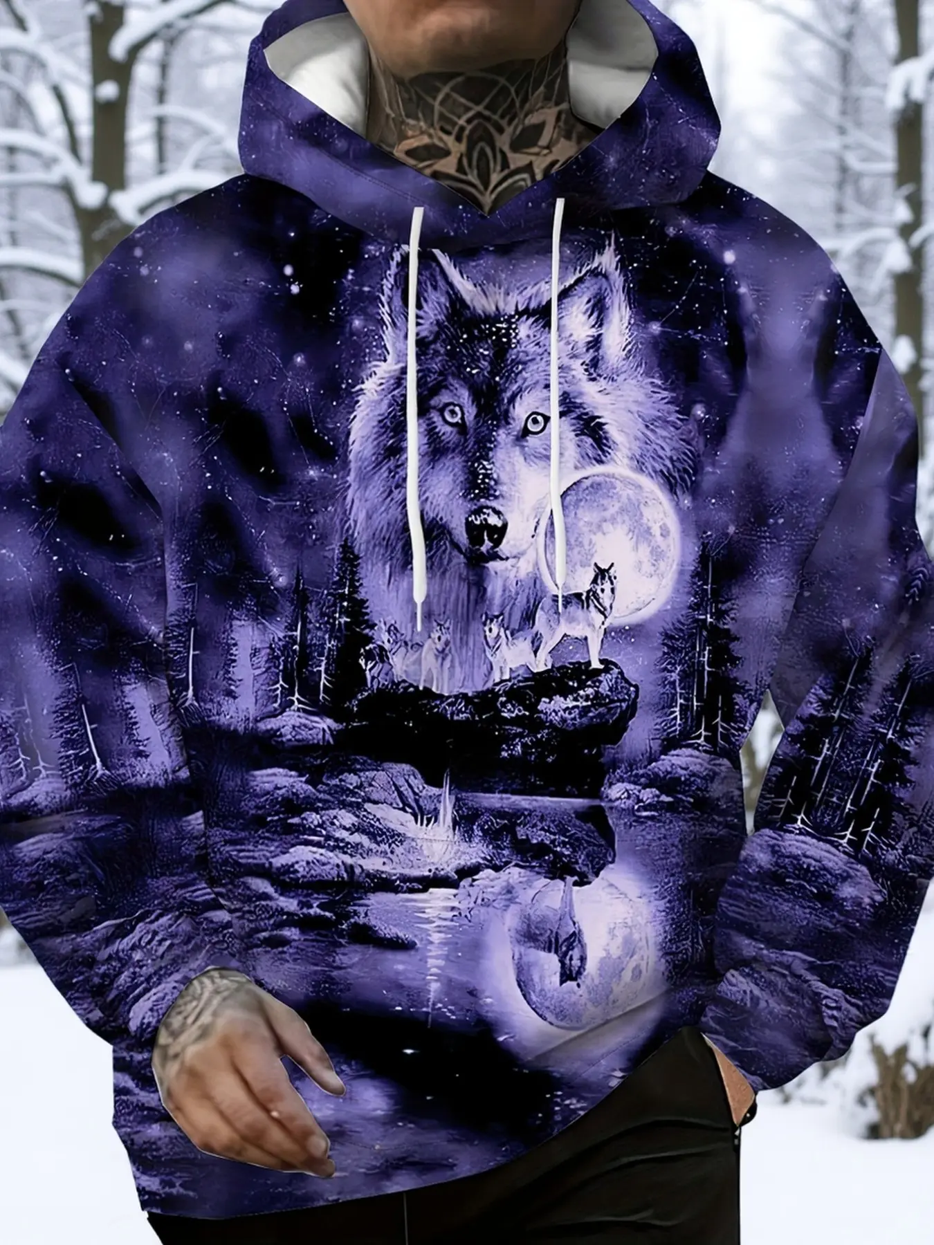 Realistic Wilderness Moonlight Lone Wolf Digital Full Print Hoodie, Gradient Forest Wolf Pack Night Scene Men's Top, Casual Long Sleeve Sweatshirt, Graphic Hoodie Sweatshirt