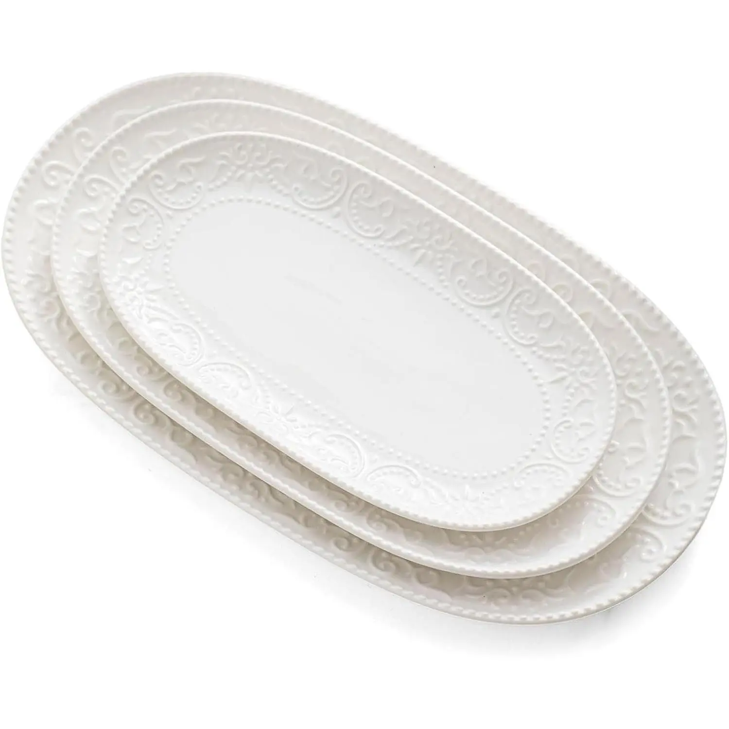 Oval Serving Platter, 14"/12"/10" Ceramic Serving Platters, Embossed White Serving Plates, Stackable Porcelain Tray for Appetizer, Dessert, Pasta, Sushi, Oven Dishwasher Safe, Set of 3, Family Dining