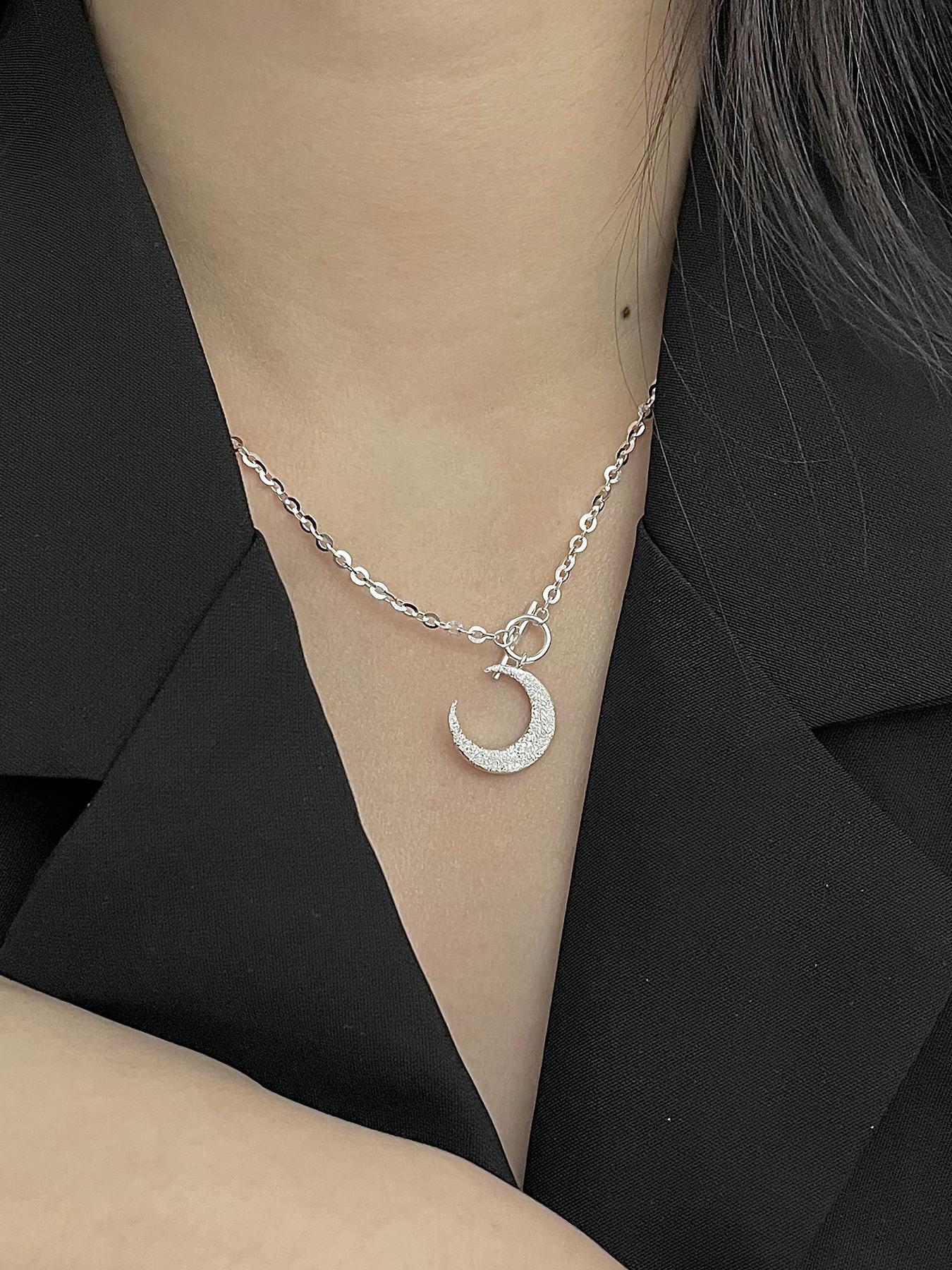 925 Sterling Silver Fashion Moon Design Pendant Necklace for Women & Girls, Fashion Jewelry for Party, Daily Decor, Trendy  Exquisite Jewelry for Birthday Gift