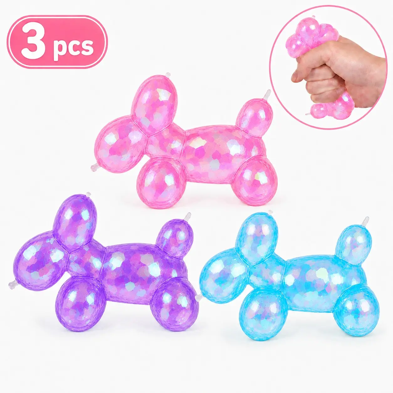 3 Pack Glitter Balloon Dog Squishy Toys, Stretchy Squeeze Sensory Fidget Stress Balls for Girls and Boys， Squeeze Sugar Ball Sequin Little Dog Squishy Toys for All Age Cute Party Favors, Easter Basket Stuffers and Classroom Prize Toys