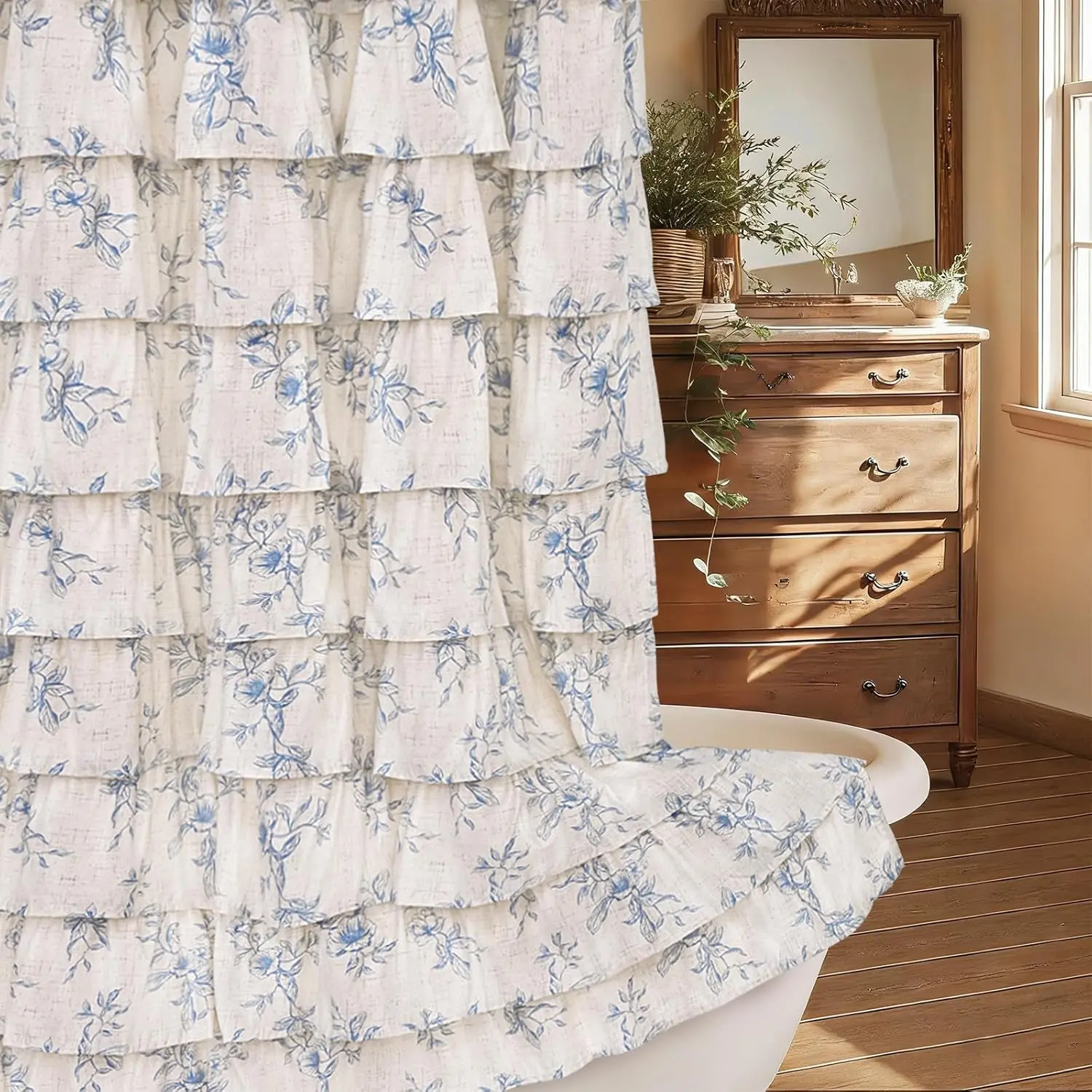 Blue Floral Shower Curtain, Farmhouse Ruffle Shower Curtains for Bathroom, French Country Bath Curtain Waterproof Washable, 72 Wx72 L