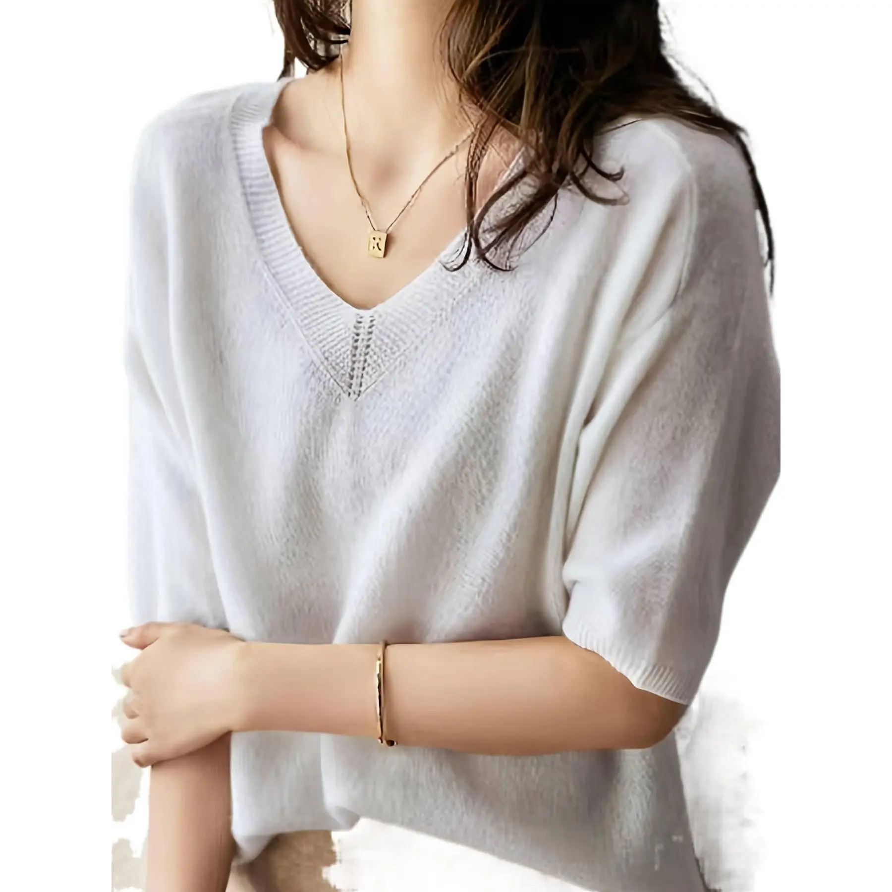 Women's V-Neck Knitwear T-Shirt, Casual Loose Fit Short Sleeve Solid Color Breathable Pullover Top for Summer