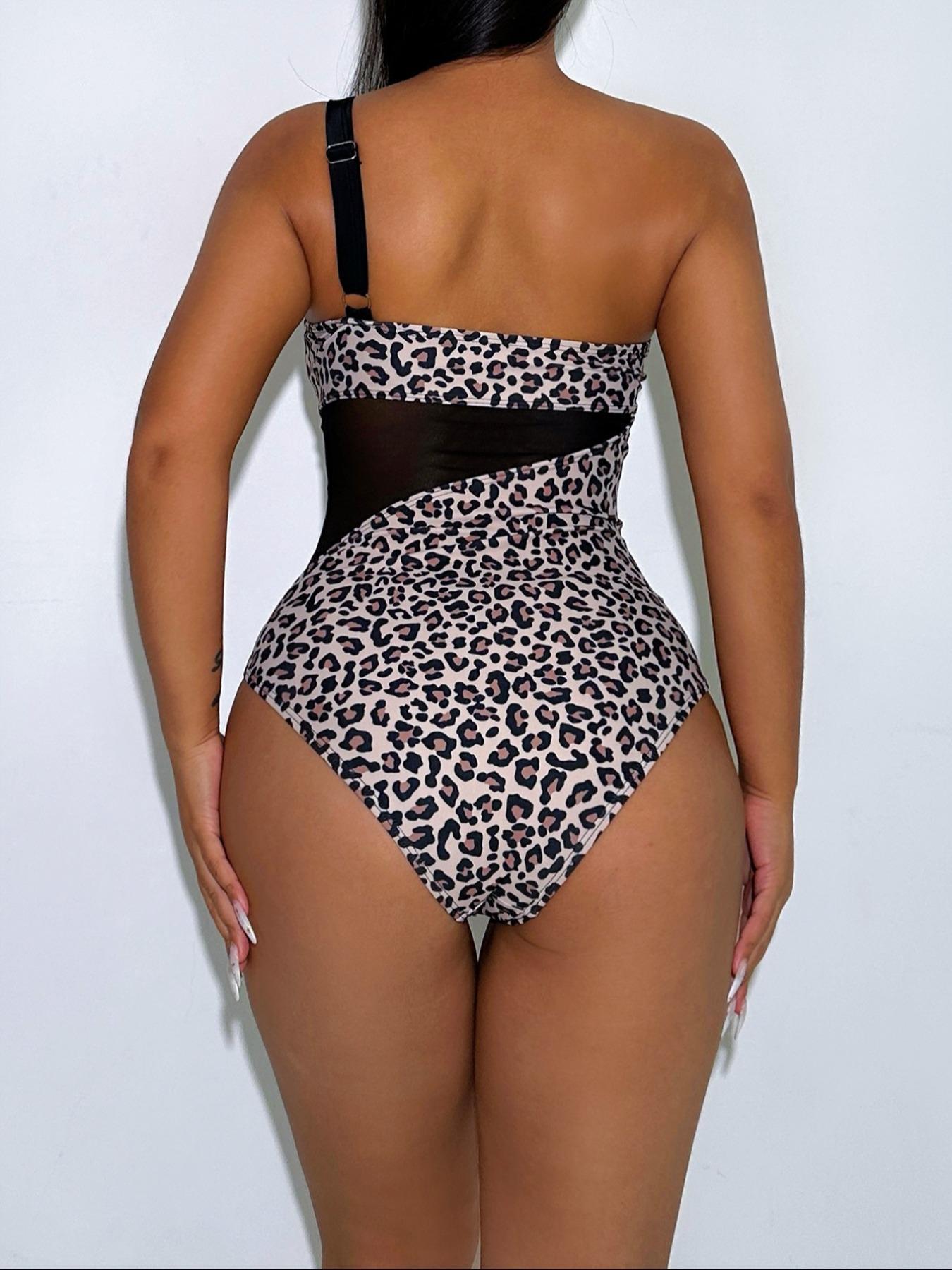 Women's Contrast Mesh One Shoulder Swimsuit, Asymmetrical Neck Swimwear, Ladies One Piece Swimsuit for Summer Beach Holiday Vacation, Bathing Suits 2024 for Women, Tummy Control Swimwear, Swimsuit for Women, High Stretch Swimwear