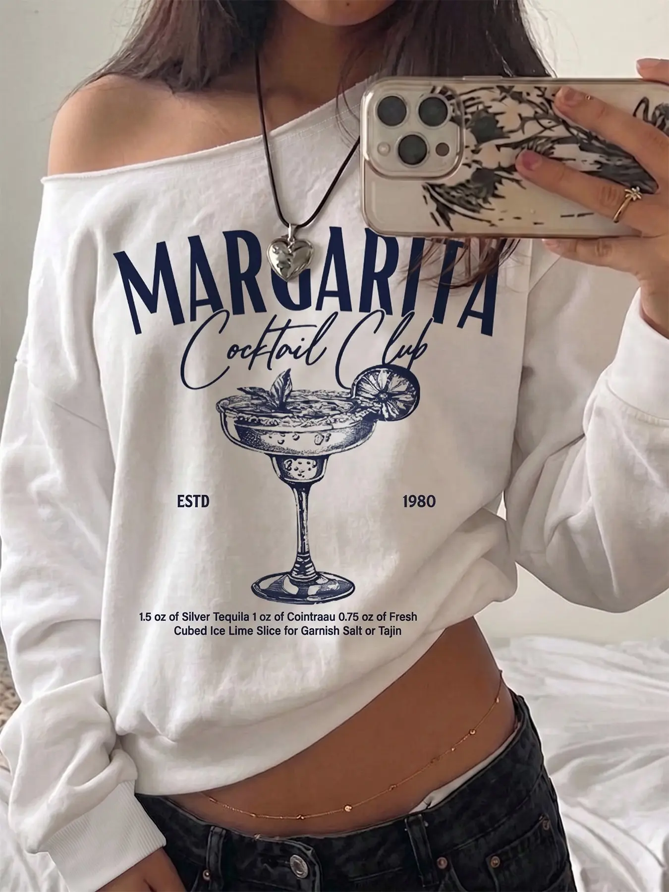 Women's Fall Winter Asymmetrical Neck Sweatshirt, Blue Lemon Cocktail Print, Casual Fitted Long Sleeve, Streetwear Fashion