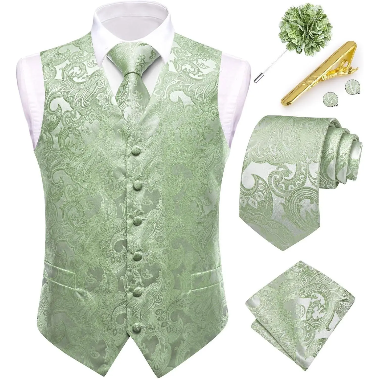 Men's Paisley Floral Vest and Tie Set with Lapel Pin Clip for Wedding Business(Gift)
