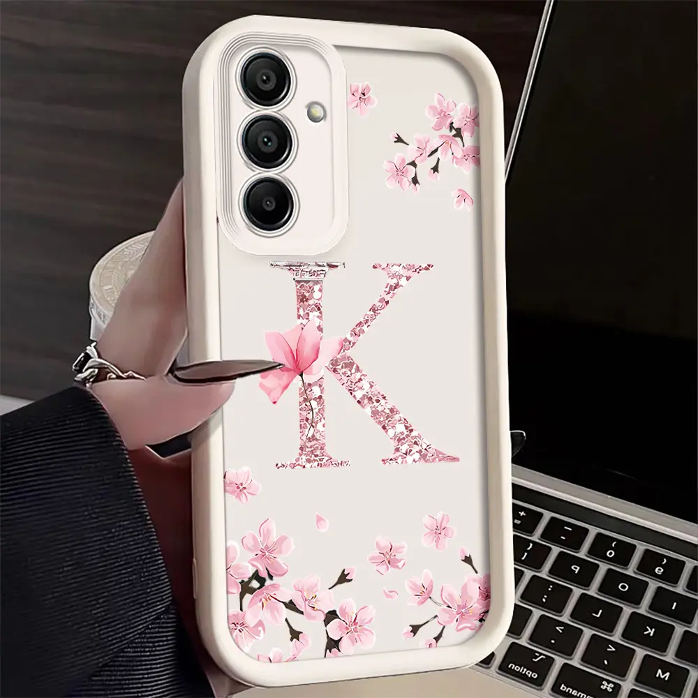 Phone Case - A Mobile Phone Case Featuring a Cherry Blossom Letter K Design in Black And White, Made of TPU for Full Coverage And Anti-Fall Protection, Compatible with Various for Samsung Galaxy Models Including S25, S24, S23, S22, S21, S20 Ultra