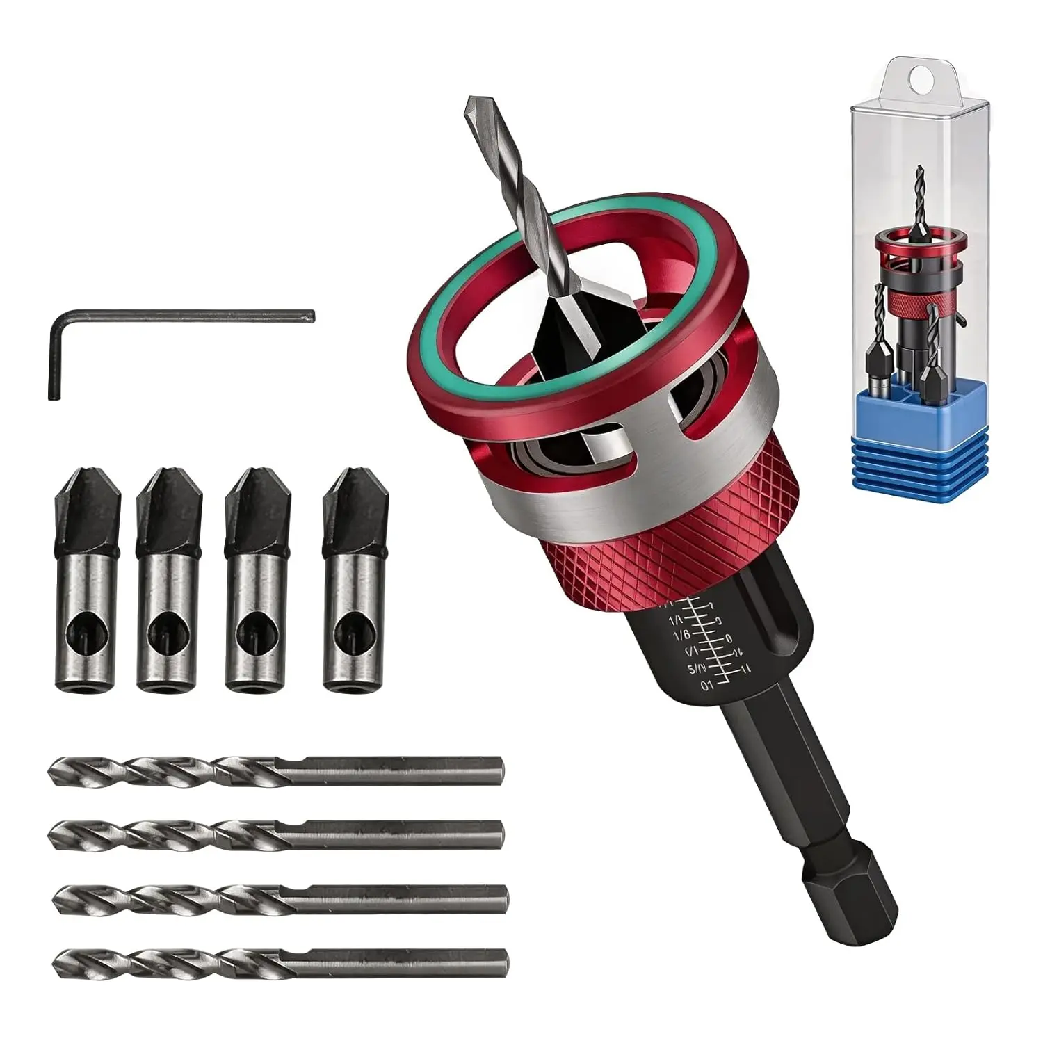 -Depth Four-Flute Set,Including 4 Centre Drills and 1 hex Key; Stops Automatically on Contact with Wood; Suitable for Drilling in,Suitable for Woodworking