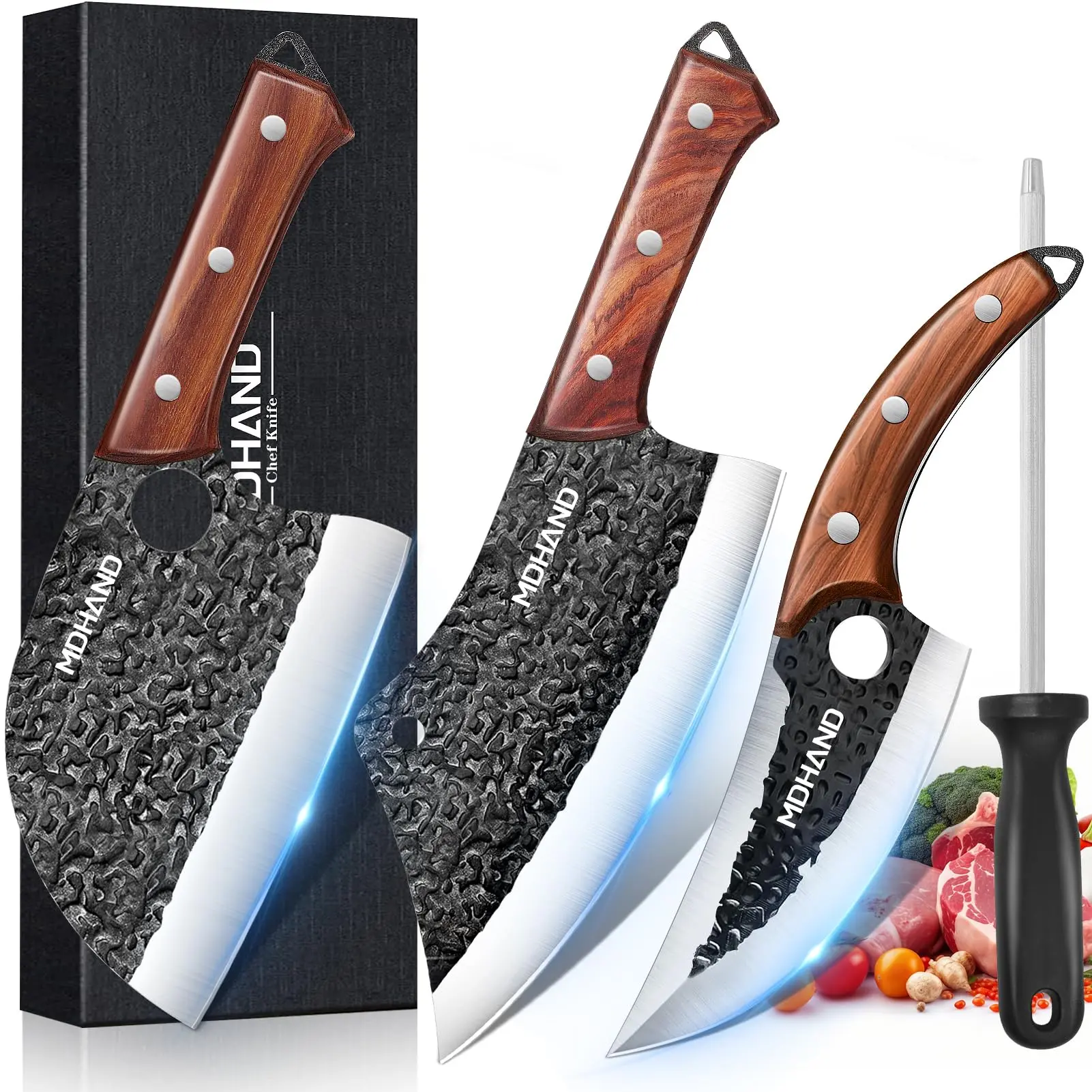 MDHAND 4-Piece Hand-Forged Serbian Kitchen Knives Set - Stainless Steel Kitchenware Including Meat Bone Cleaver, Boning Knife, Viking Tool, Sheaths, Sharpening Steel, Gift Box for Home Cooks’ Meat Prep