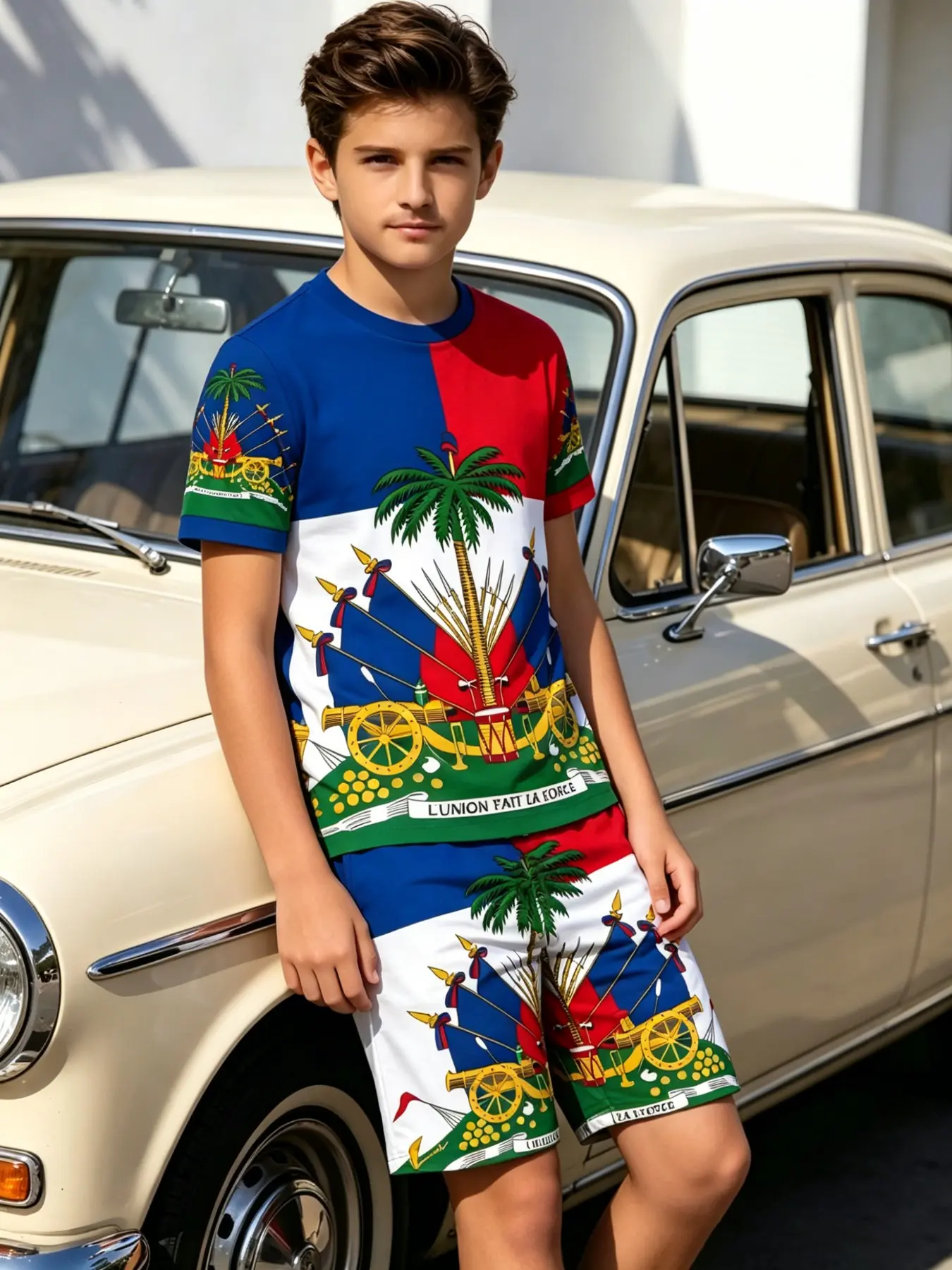 1 set of children's short sleeved set with ethnic characteristics and elements of the Haitian national flag and emblem printed on it Summer Clothing Set Graphic Print Set