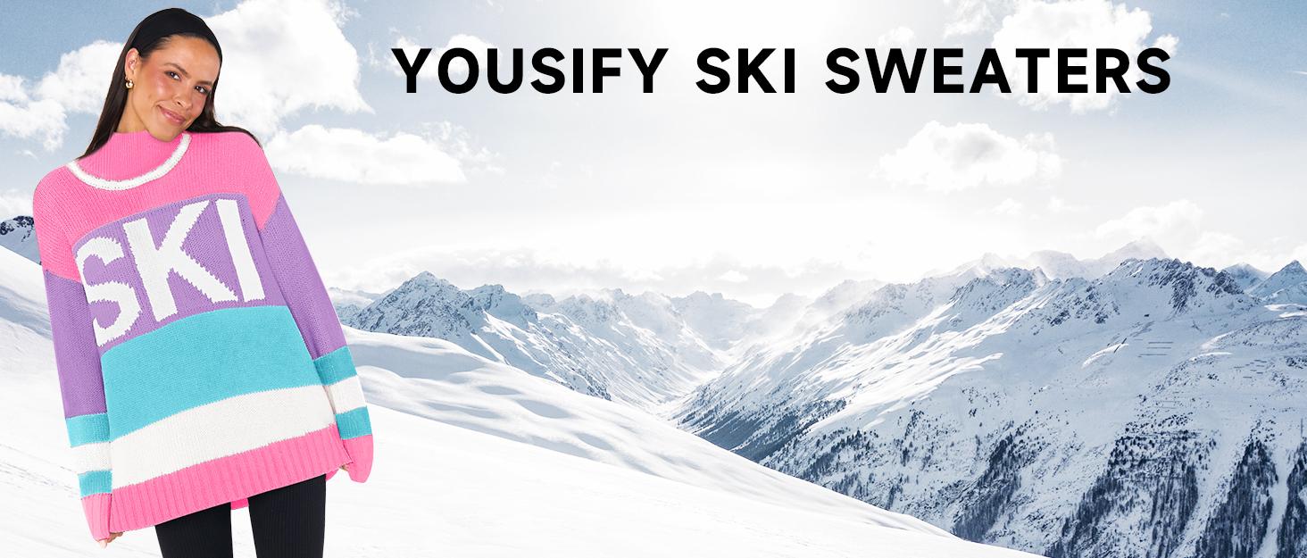 Yousify Womens Sweaters Fall 2024 Oversized Color Block Ski Sweater Crewneck Winter Tops S-2XL